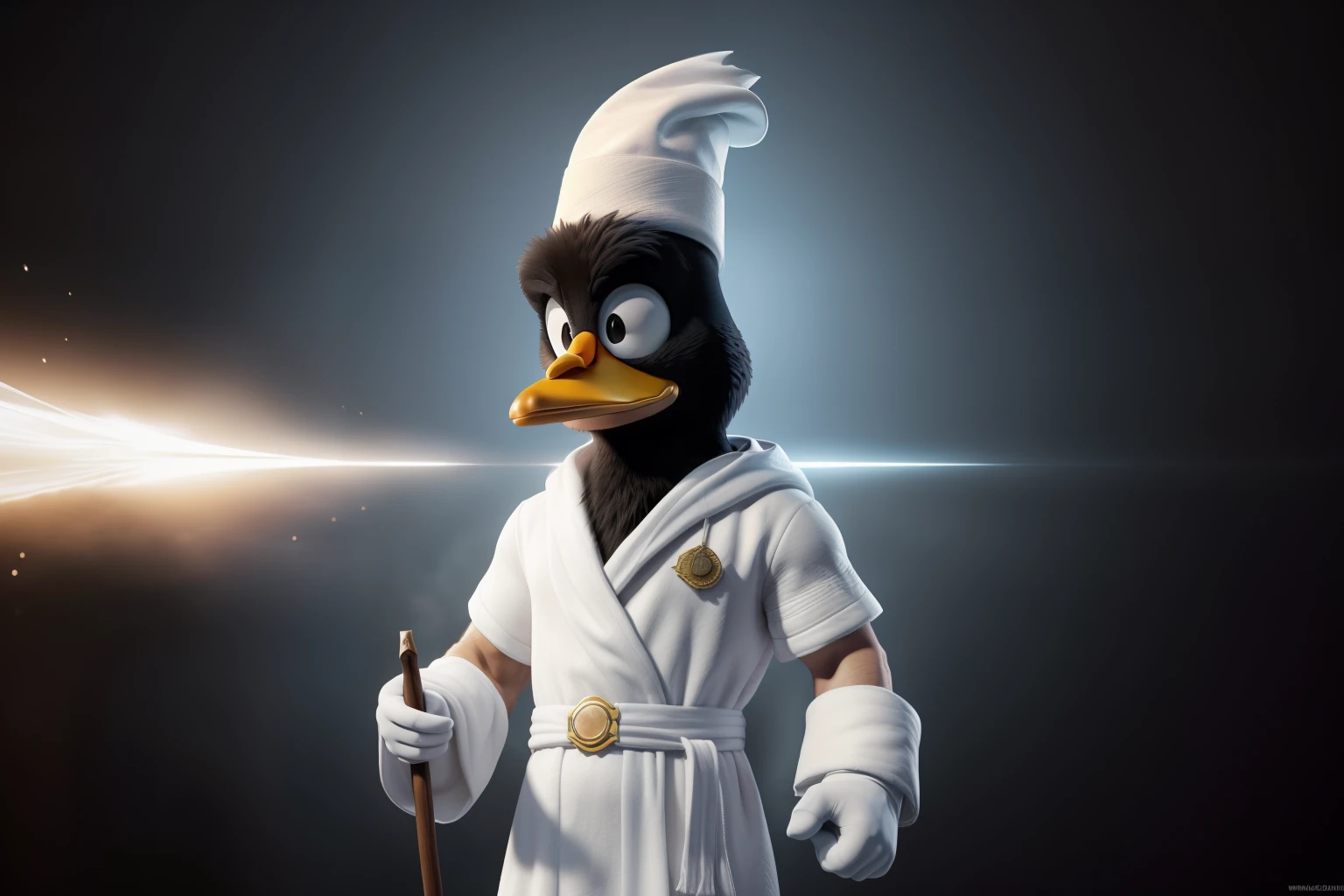 (extremamente detalhado CG unidade 8k papel de parede, master part, melhor qualidade, ultra-detalhado), Alto contraste, Daffy Duck as a mage, white robes and white mage hat, Atmosfera chocante, Dark setting, cinematic feel, white mage hat