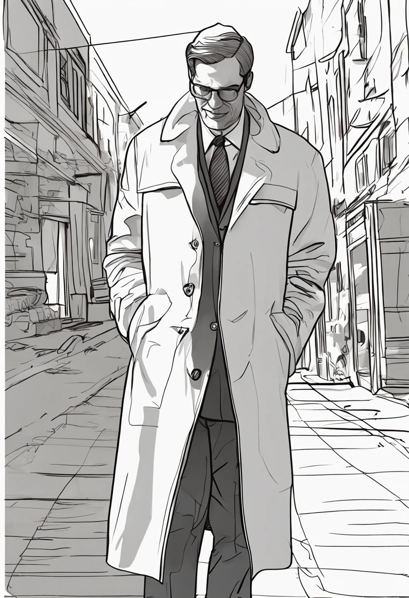 A painting of a man in a white coat and tie, ( ( wearing a long coat ) ), he is wearing a trenchcoat, he wears a big coat, one line art, single line drawing, one - line drawing, Line sketch, minimalist line art, thick line art, male character, dressed in simple robes, thin line art, single line drawing,Lateral face