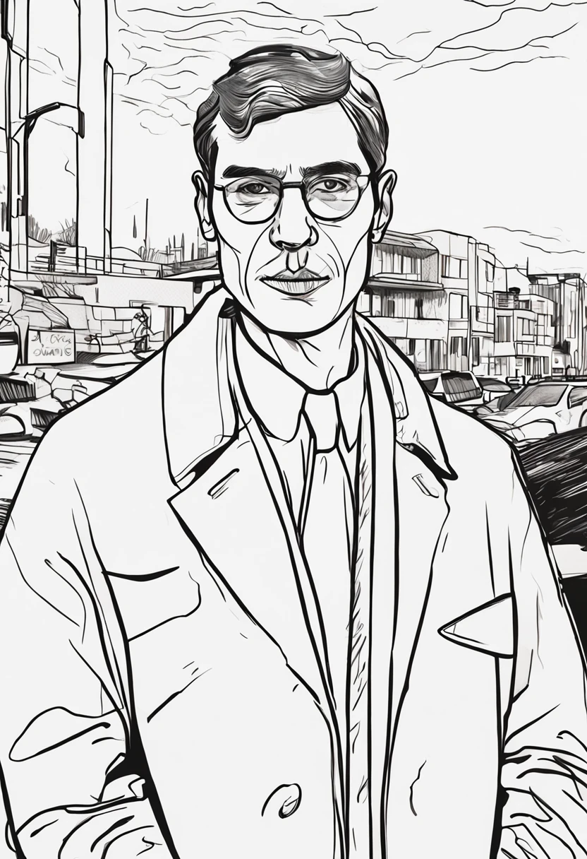 A painting of a man in a white coat and tie, ( ( wearing a long coat ) ), he is wearing a trenchcoat, he wears a big coat, one line art, single line drawing, one - line drawing, Line sketch, minimalist line art, thick line art, male character, dressed in simple robes, thin line art, single line drawing,Lateral face