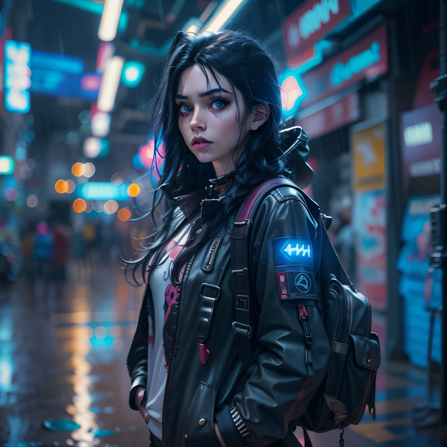 solo, cinematic lighting, a beauty woman with a back pack, cyberpunk, sparkle eyes, blue pupils, black hair, perfect eyes, both hands in pocket, rainy cyber punk store , thin gap, portrait 24 mm, high resolution, model looking at the viewer