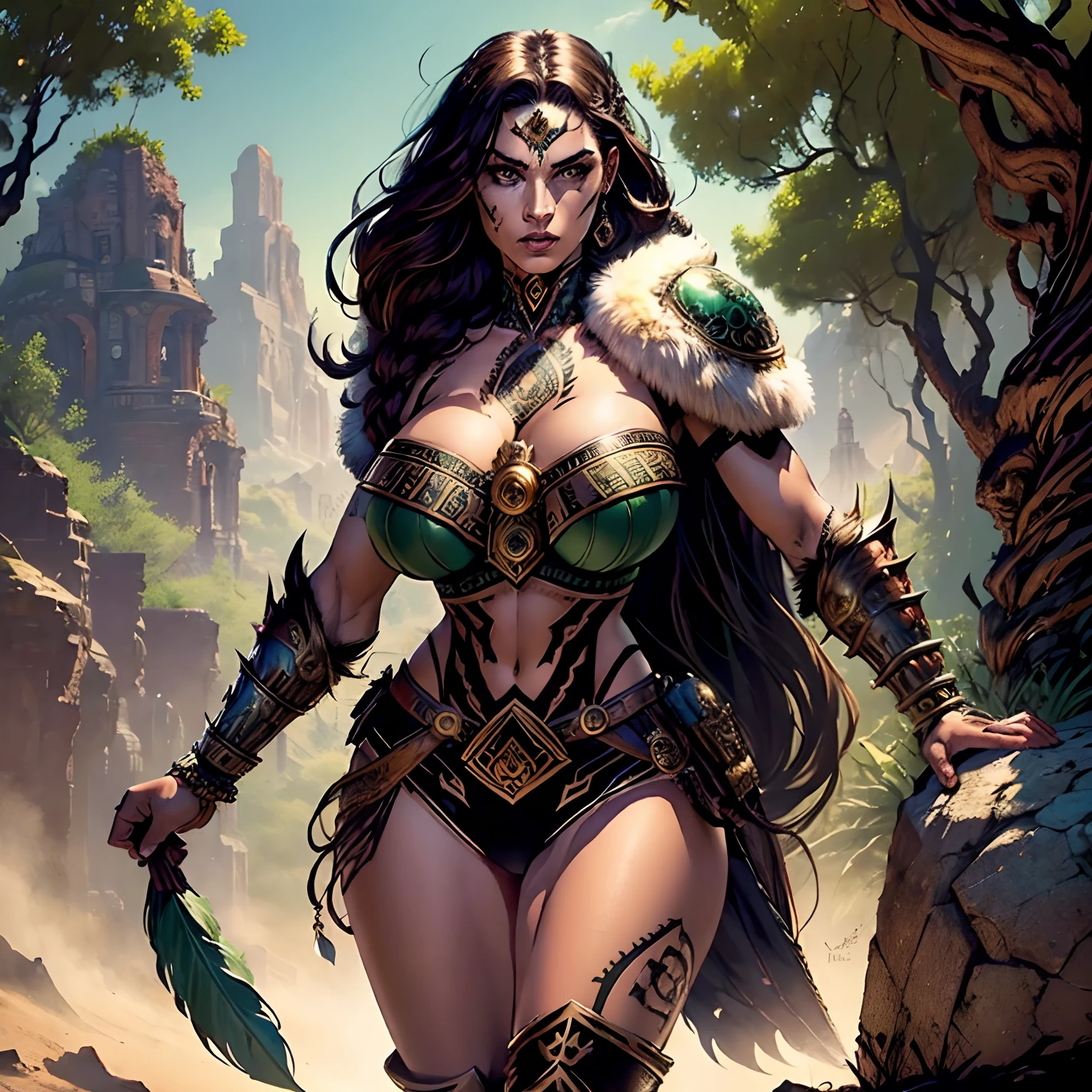 (masterpiece, top quality, best quality, official art, beautiful and aesthetic:1.2), (1girl:1.3), dark brown hair pulled back, in an untidy mane, braids, extremely detailed, portrait, looking at viewer, solo, (full body:0.6), detailed background, close up, sweaty, sweating, ((facepaint, tribal tattoos)), (warm summer desert theme:1.1), busty human Aztec war queen, elegant face, long face, charlatan, smirk, mysterious, walking in jungle, revealing Aztec attire, ornate jade Aztec armor, feathers in hair, feathered armor, bare midriff, brown leather, fur lined clothes, long boots, buckles, straps, pouches, maquahuitl and shield, tan fabric, brown leather, ((((gigantic breasts, skindentation, cleavage)))), muscular, strong, slim waist, slim hips, long legs, muscular legs, medieval (jungle exterior:1.1) background, dark mysterious lighting, shadows, magical atmosphere, dutch angle,