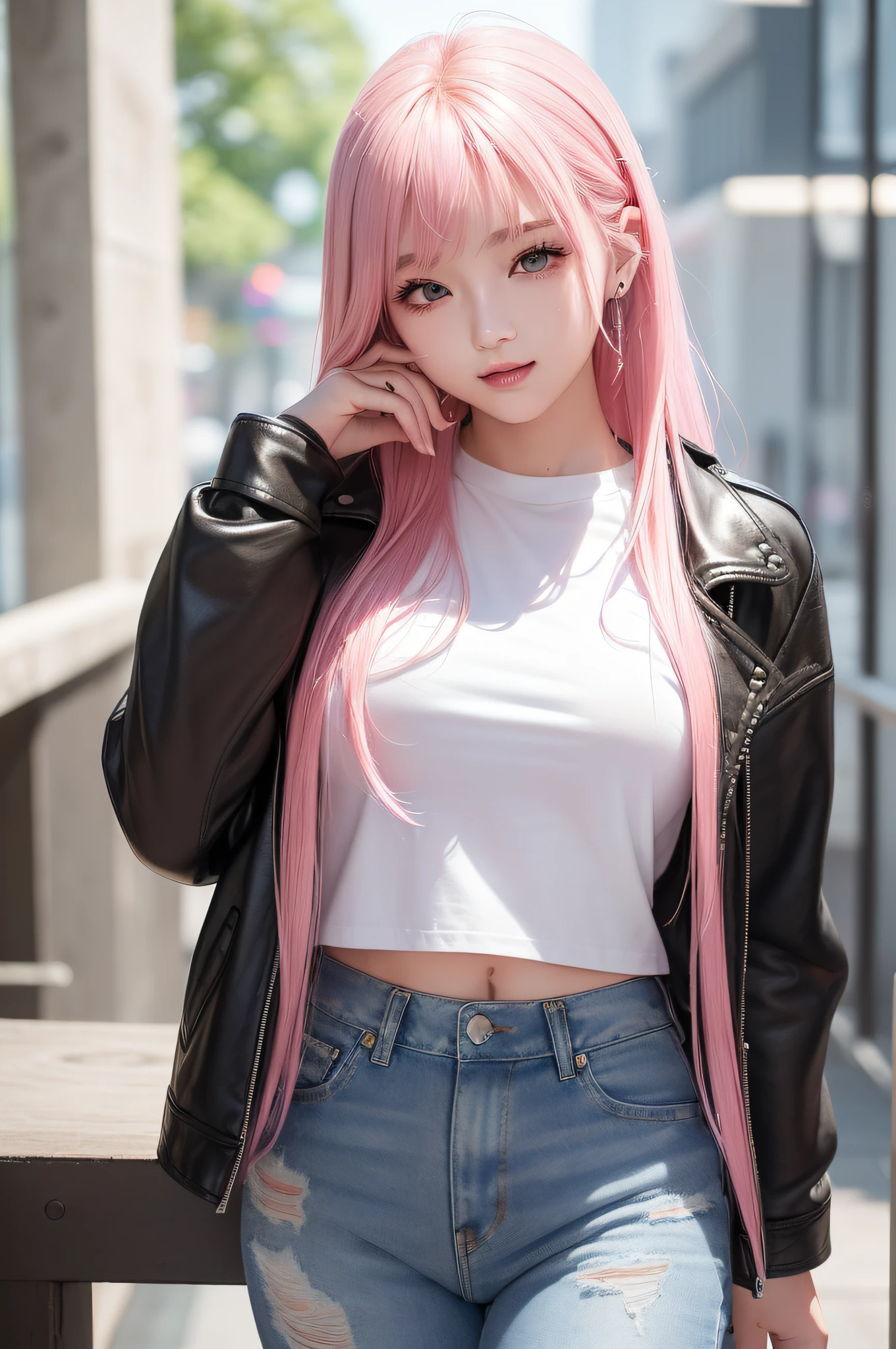 (8k、RAW Photos、Photorealsitic:1.25)、(lipgloss、eye lashes、Shiny face、shinny skin、best qualtiy、超A high resolution、depth of fields、chromatic abberation、Caustics、Wide range of lighting、Natural shading、Kpop Idle) The viewer looks calm and goddess-like with a sense of happiness、(1 Beautiful Girl、adult-like、18year old、college aged、A pink-haired、Slimed)、(((Longhaire)))、(a smile、agitation、Opening Mouth)、((Fashionable、Black leather jacket、long-sleeve、White inner T-shirt、denim pant))、((((full bodyesbian)))