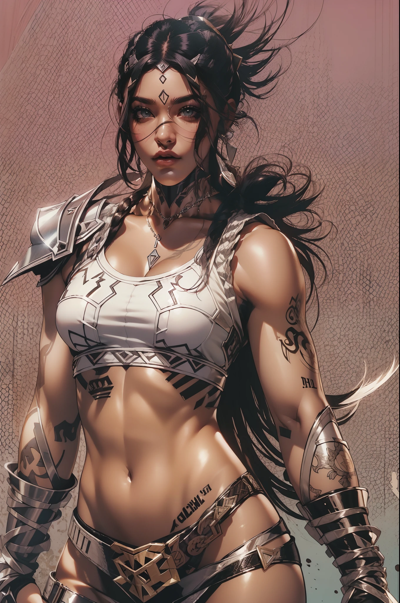 (((mulher))), (((melhor qualidade))), (((obra prima))), (((adulto))), A 30-year-old gladiator woman with an athletic body, (((sozinho))), (((1girl))) , Gladiadores do Brooklyn, quase nua no estilo selvagem urbano de Simon Bisley para a capa da revista Heavy Metal, cabelos pretos com ponytail, Minimum clothing, Halftone Viollet and White Pattern, armadura, cheio de pontas e rebites, tatuagem Yakuza, (((do joelho pra cima))), cabelo bob haircut