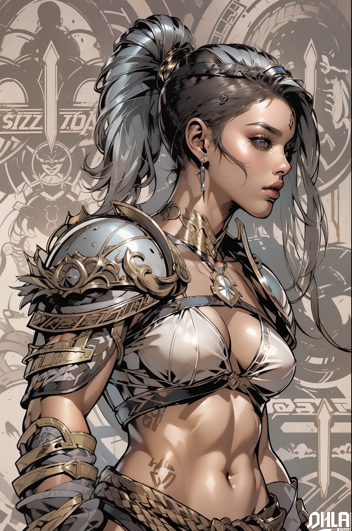 (((mulher))), (((melhor qualidade))), (((obra prima))), (((adulto))), A 30-year-old gladiator woman with an athletic body, (((sozinho))), (((1girl))) , Gladiadores do Brooklyn, quase nua no estilo selvagem urbano de Simon Bisley para a capa da revista Heavy Metal, cabelos pretos com ponytail, Minimum clothing, Halftone Viollet and White Pattern, armadura, cheio de pontas e rebites, tatuagem Yakuza, (((do joelho pra cima))), cabelo bob haircut
