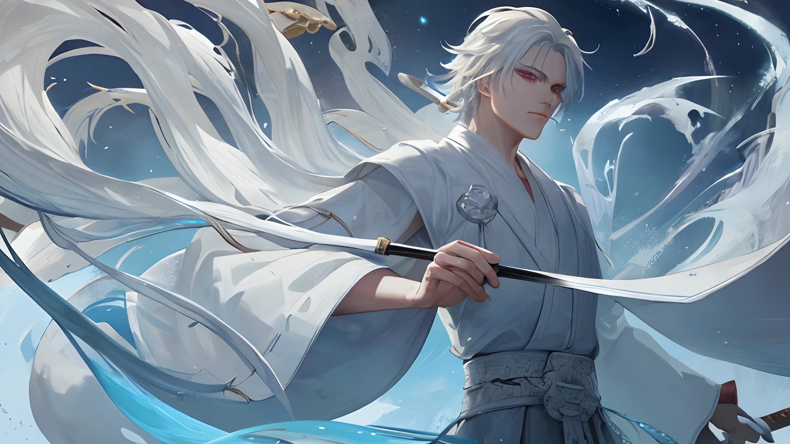 Close-up of a man in a white robe holding a sword，a character portrait by Yang J，The popularity of CGsociety，Fantasyart，beautiful character painting，Guviz-style artwork，Guvitz，white hanfu，flowing white robe，full-body wuxia，epic exquisite  character art，stunning character art，Beautiful male assassin,handsome