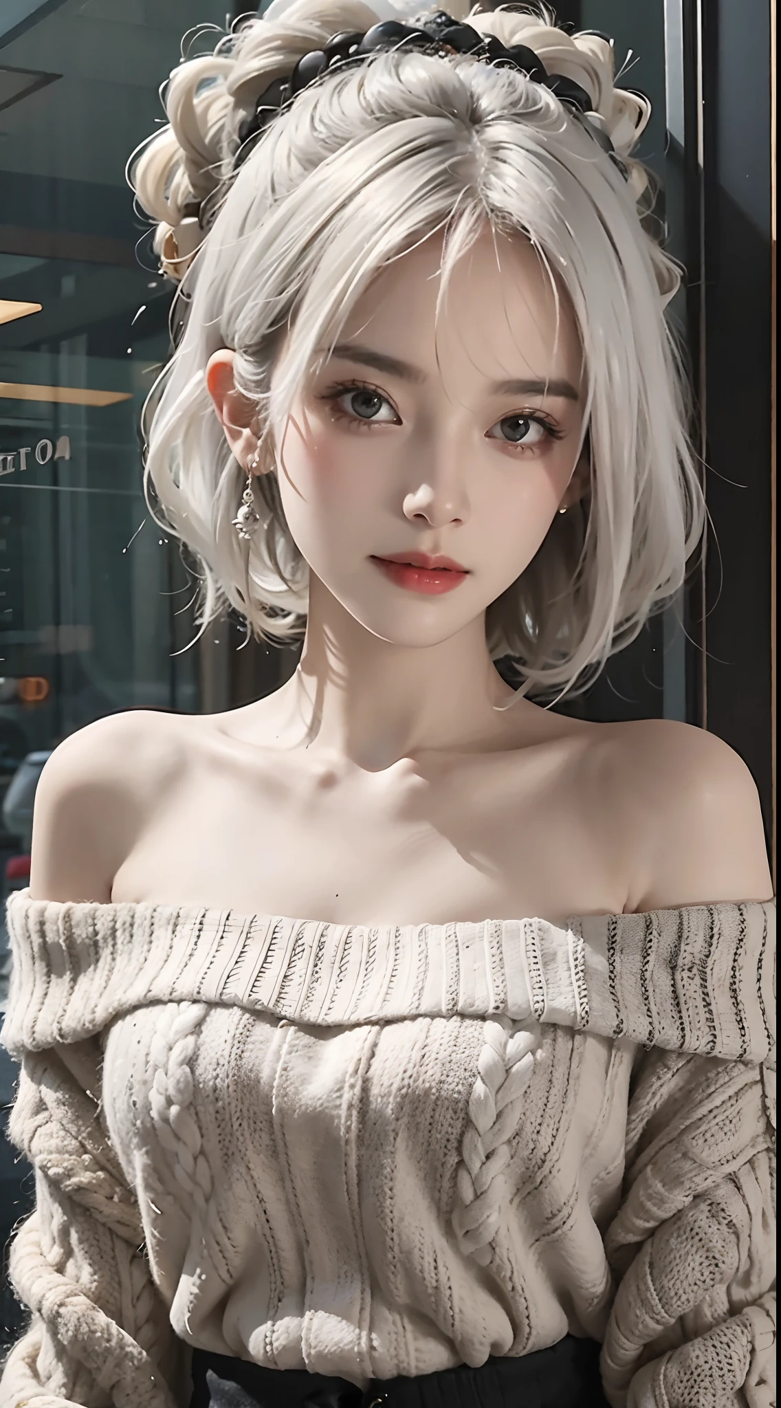 a 20 yo woman with slim body and big breast,gray sweater,dark theme clothes, soothing tones, muted colors, high contrast, (natural skin texture, hyperrealism, soft light, sharp), simple background, The fabric traces the shape of the body, big breast (big size breast: 1.4) using full covered clothes , giant tits, big breast, bigger breast than torso, gigantic breast, gigantic tits,naked chest on sweater (showing breast with naked chest) spreading legs open,slim body ((halfpotrait)), standing in the middle of snow blizzard at night time, white clean hair with snow particle, snow rain, (large snow rain:1.2), white haired, white hair girl (snow rain) white hair, white eyelids, white eye brow, light shiny blue eyes, ice queen, dancing