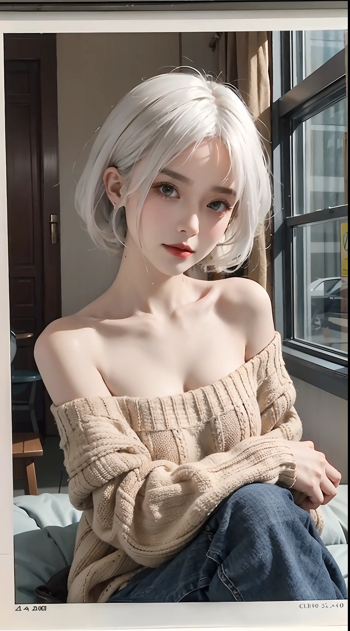 Medium Shot Shot, A beautiful woman looks at the camera, White hair, Chris Foss' off-the-shoulder sweater for autumn