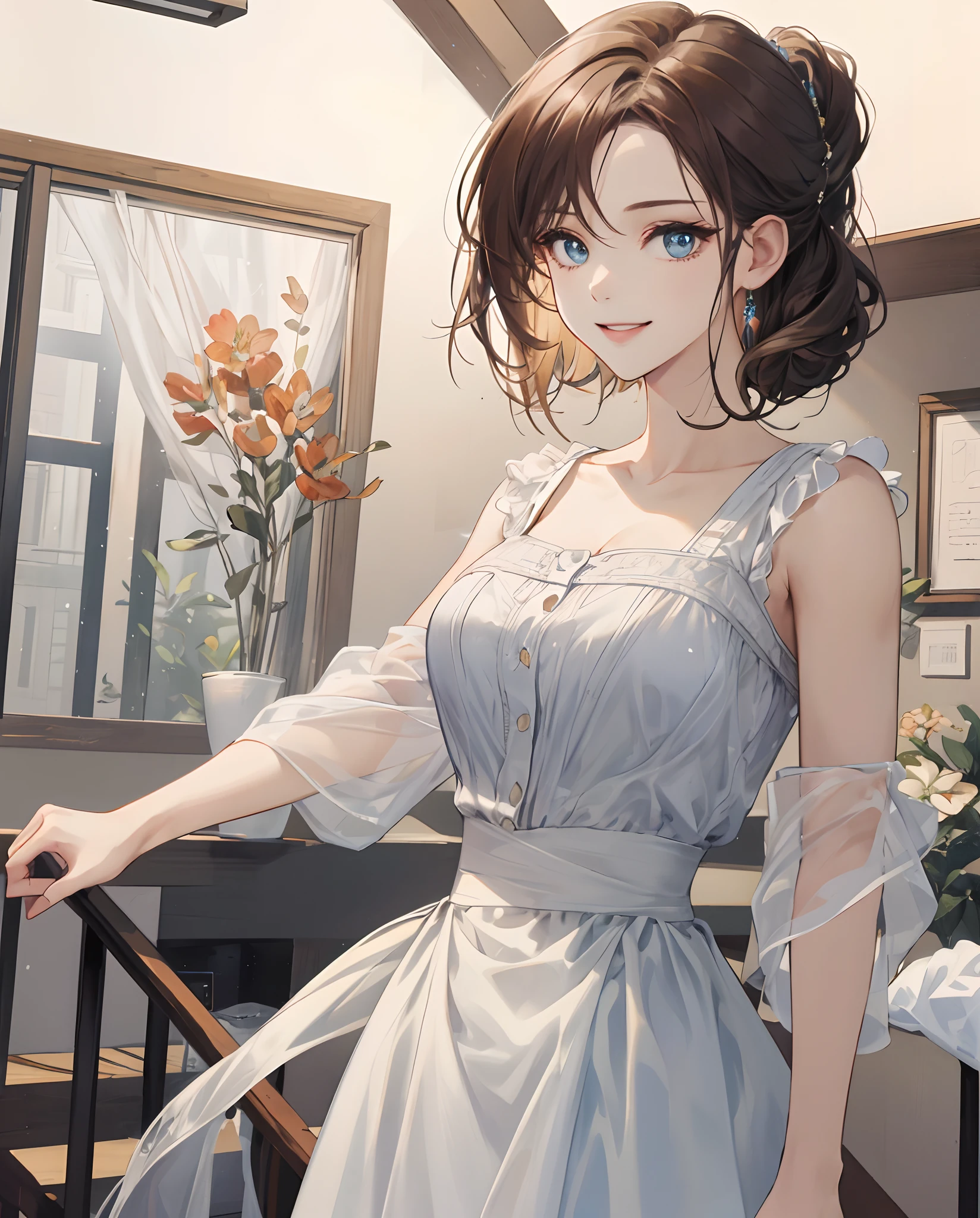 ((Best Quality, 8K, Masterpiece: 1.3)), 1girl, Slim Abs Beauty: 1.3, (Hairstyle Casual, Leaky Big Breasts: 1.2), Dress: 1.1, Super Fine Face, Delicate Eyes, Double Eyelids, Smile, Home