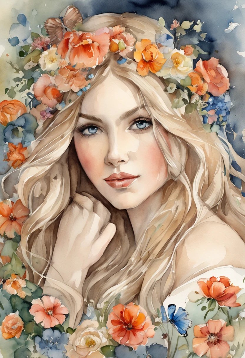 Young girl about 25 years old with blue eyes, taylor swift, muy bella a los pies de la tumba de su madre rodeada de flores y mariposa, with a bouquet of flowers in his hand and the image of Jesus in heaven
