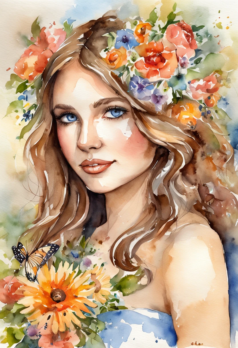 Young girl about 25 years old with blue eyes, taylor swift, muy bella a los pies de la tumba de su madre rodeada de flores y mariposa, with a bouquet of flowers in his hand and the image of Jesus in heaven