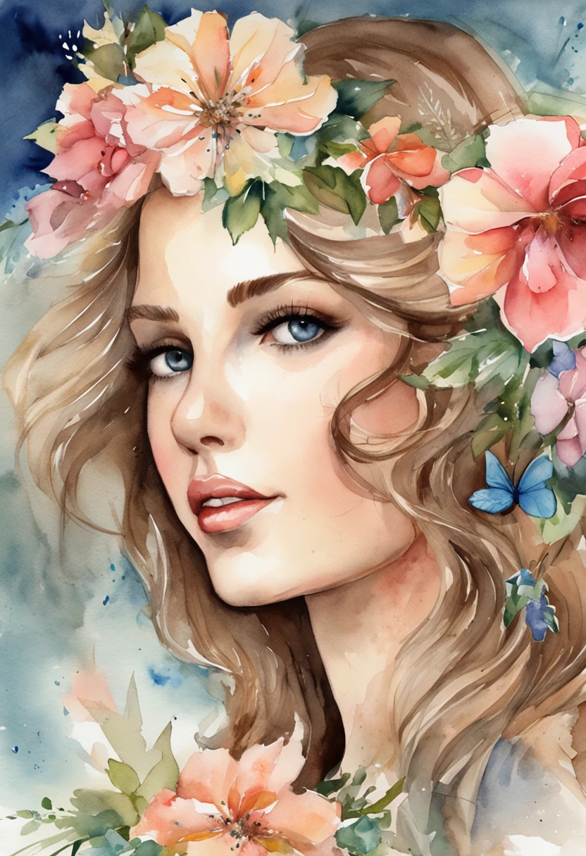 Young girl about 25 years old with blue eyes, taylor swift, muy bella a los pies de la tumba de su madre rodeada de flores y mariposa, with a bouquet of flowers in his hand and the image of Jesus in heaven