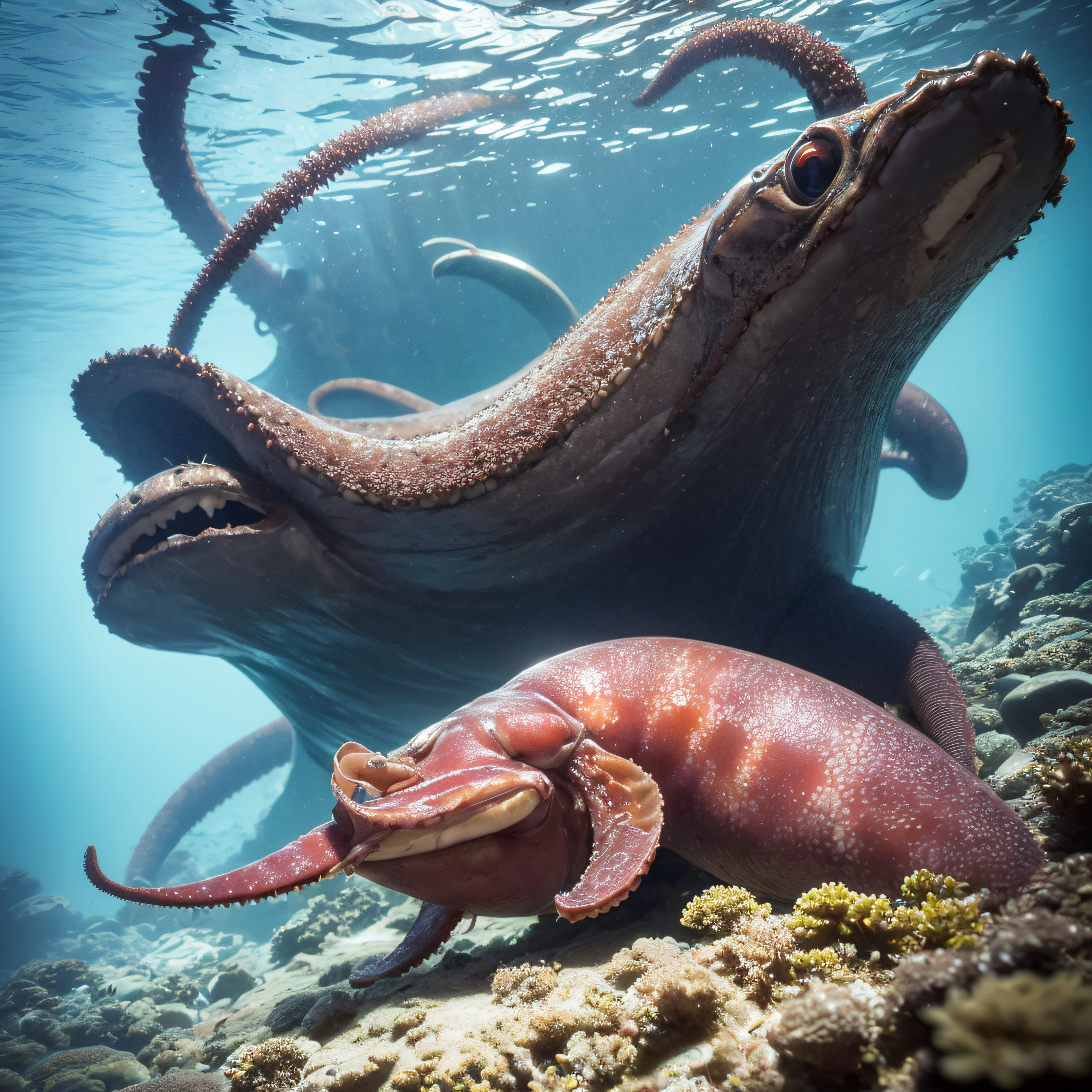 (extremadamente detallado, obra maestra, La mejor calidad, Under the Ocean), Estilo oscuro, volumetric illumination. armadura medieval, rostro con arrugas, lengua larga, tentacle, deforme, imagen submarina vista desde el exterior, pico de pulpo amenazante. manchas de tinta. Rococo composition. Luz de caravaggio
