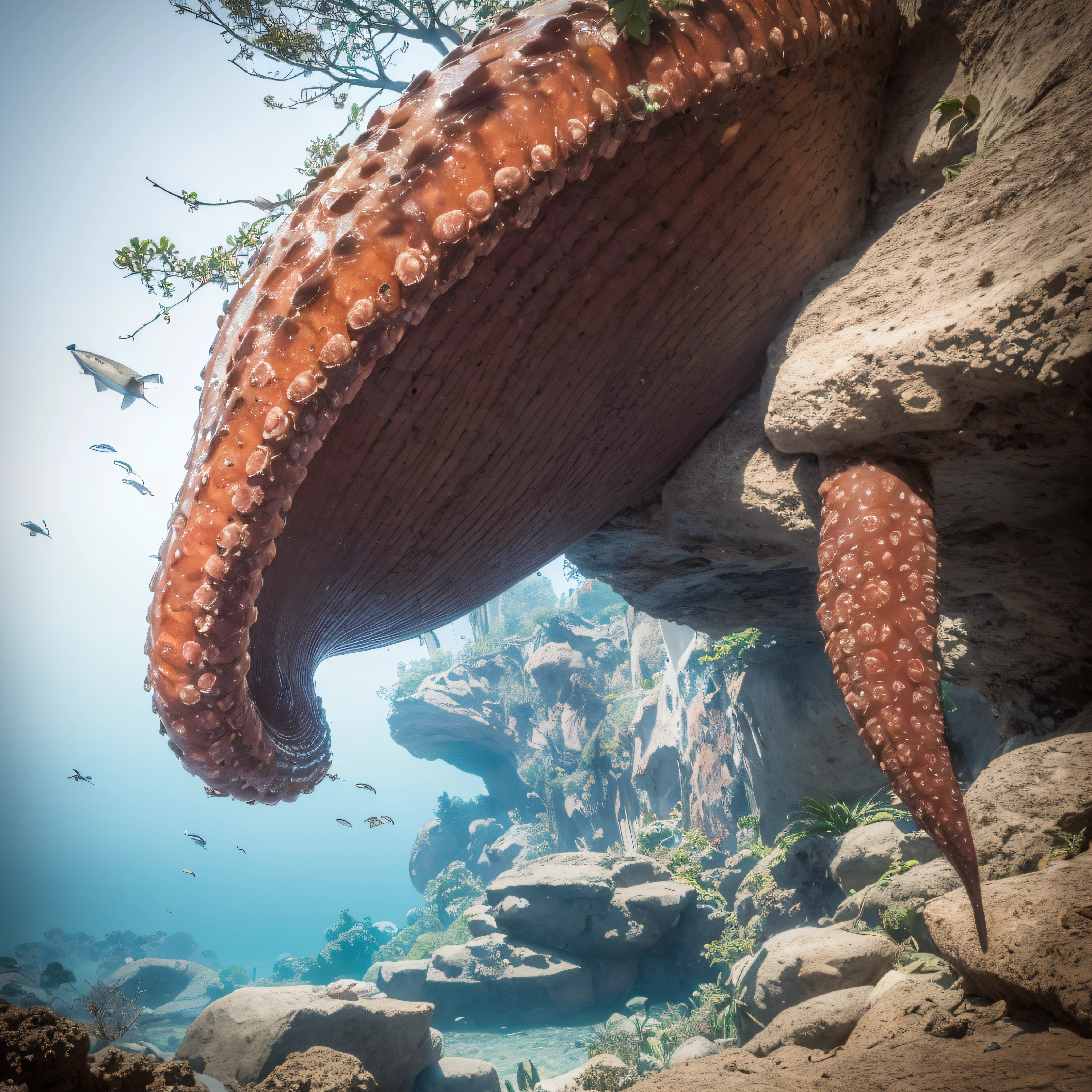 (extremadamente detallado, obra maestra, La mejor calidad, Under the Ocean), Estilo oscuro, volumetric illumination. armadura medieval, rostro con arrugas, lengua larga, tentacle, deforme, imagen submarina vista desde el exterior, pico de pulpo amenazante. manchas de tinta. Rococo composition. Luz de caravaggio