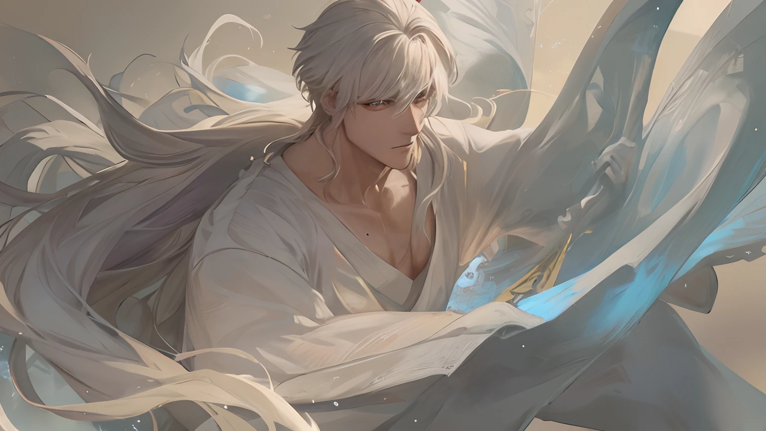 Close-up of a man in a white robe holding a sword，a character portrait by Yang J，The popularity of CGsociety，Fantasyart，beautiful character painting，Guviz-style artwork，Guvitz，white hanfu，flowing white robe，full-body wuxia，epic exquisite  character art，stunning character art，Beautiful male assassin,handsome