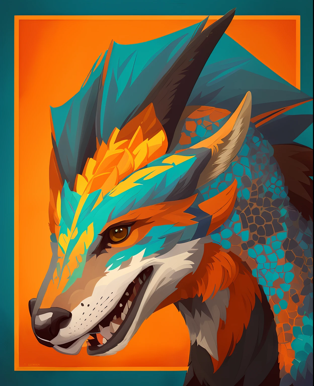 There is a painting，It is a dragon with blue and yellow feathers, canid，anthro portrait, furry character portrait, avian!!! fursona, lovely digital painting, portrait of an anthro fox, Gryphon, creature bust, fursona art, anthro art, Sly smile, cocky smirk, Detailed digital painting, fluffy orange skin, portrait of a small，Hairy head