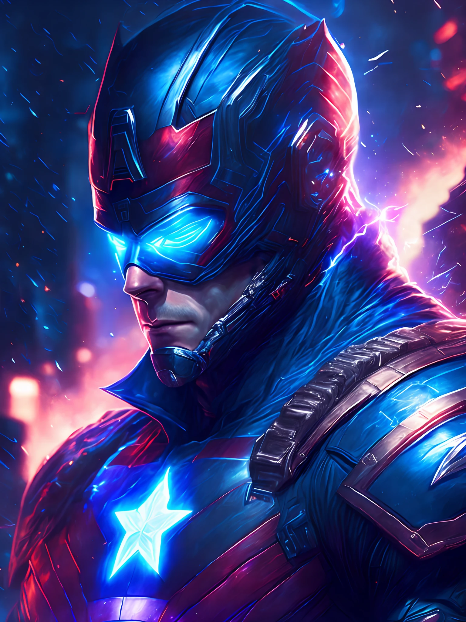 Marvel's Dark Portrait of God Captain America, extremamente detalhado, futuristic cityscape, noite, glowing neon lights, smoke billowing, Sparks, Metal shavings, Detritos voadores, efeitos da energia azul, volumetric light