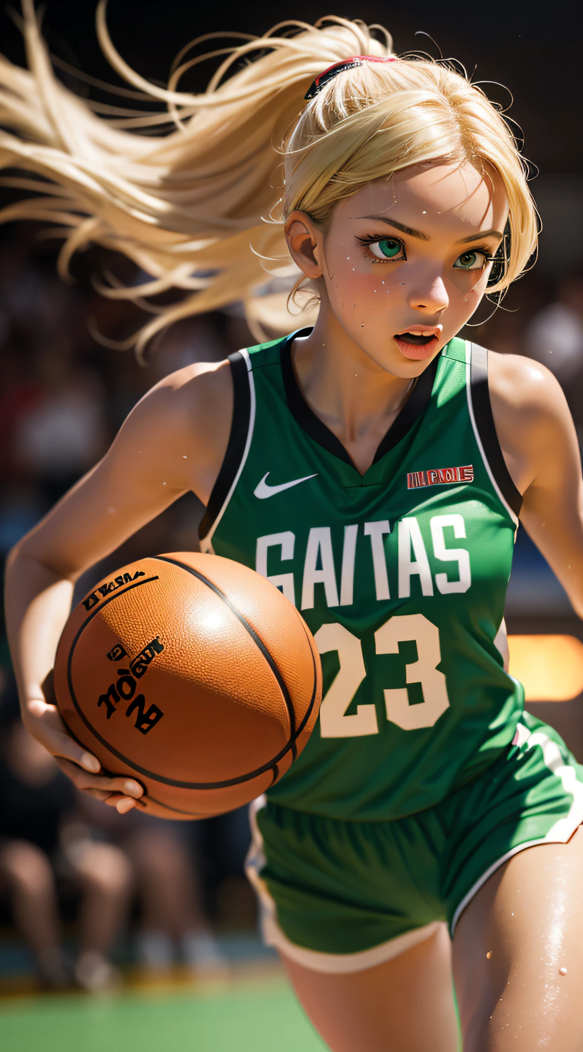 fantastic realism, bokeh,  ultra detailed, 1girl, blond with (dark skin), green eyes, running, playing basketball, sweat, shiny skin,