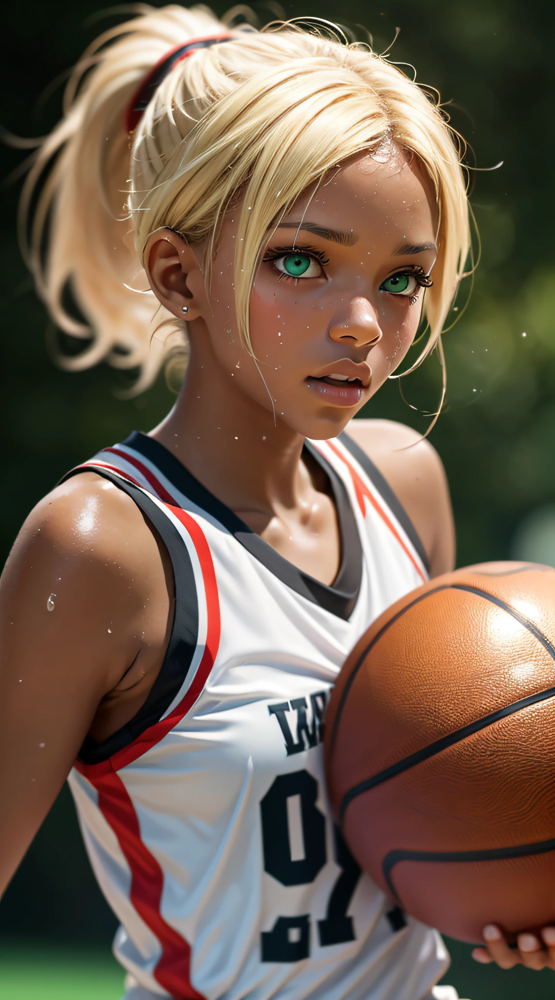 fantastic realism, bokeh,  ultra detailed, 1girl, blond with (dark skin), green eyes, running, playing basketball, sweat, shiny skin,