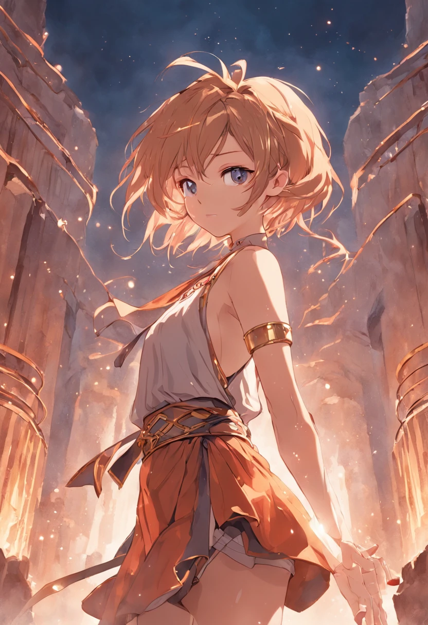 (Best quality, 8k, masterpiece: 1.3), Greek goddesses, Greek clothes, Middle Ages, medium breasts, big hips, slim waist, beautiful, glamorous, alluring, shapely, curvy, long legs, high detail, High sharpness, Photos with depth, detailed face, detailed eyes, short hair, big office, charming smile, standing in the ancient Roman colosseum, epic, myth, drama, neckband jewelry, wristband jewelry, open-breasted blouse