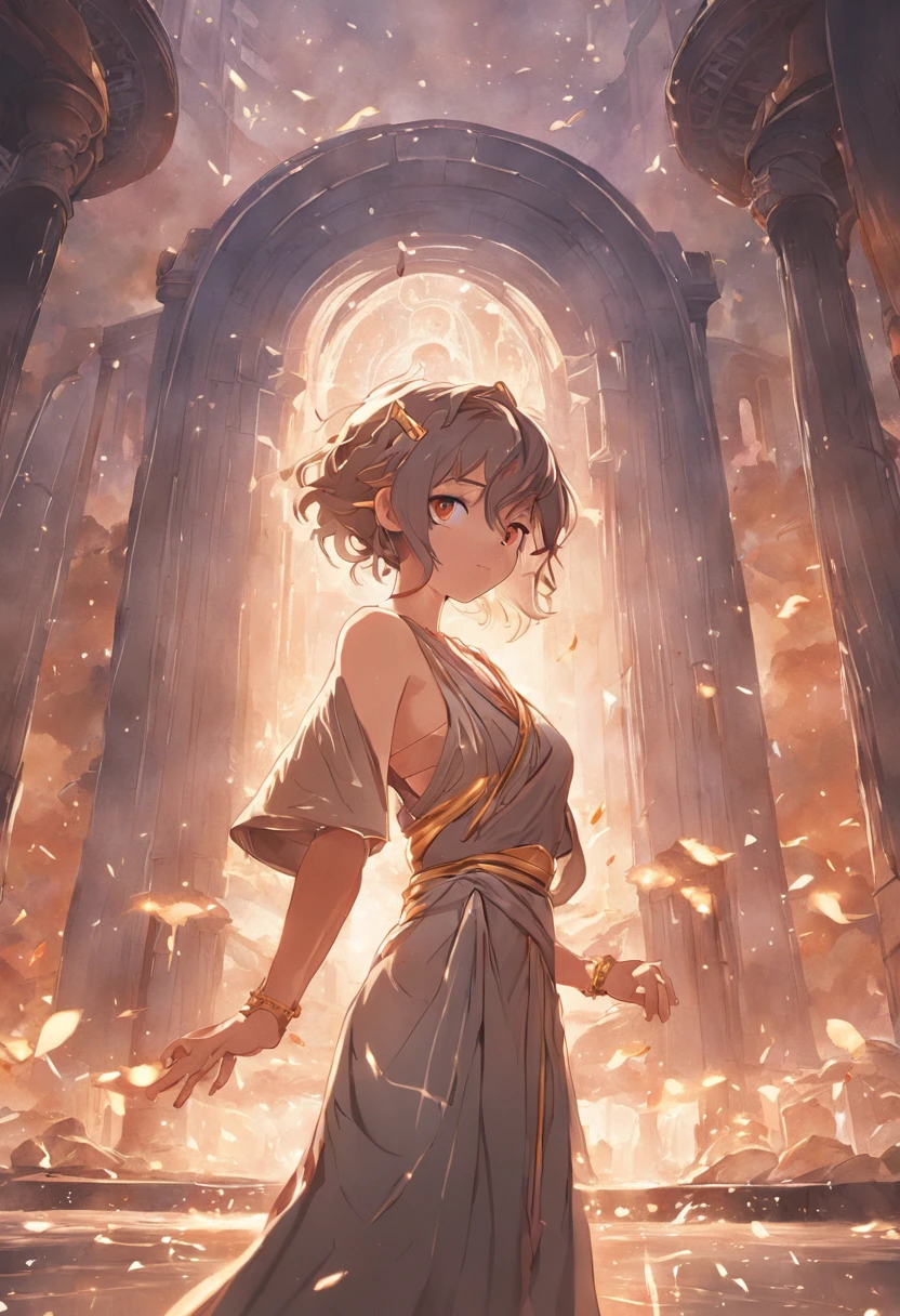 (Best quality, 8k, masterpiece: 1.3), Greek goddesses, Greek clothes, Middle Ages, medium breasts, big hips, slim waist, beautiful, glamorous, alluring, shapely, curvy, long legs, high detail, High sharpness, Photos with depth, detailed face, detailed eyes, short hair, big office, charming smile, standing in the ancient Roman colosseum, epic, myth, drama, neckband jewelry, wristband jewelry, open-breasted blouse