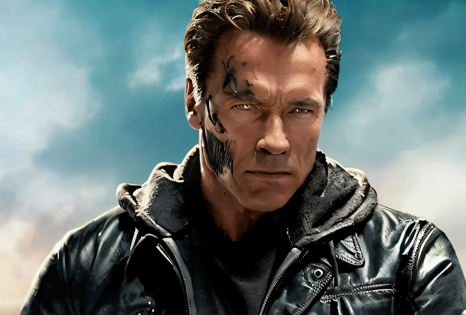 um close up de um homem em uma jaqueta de couro com um olho vermelho, Terminador, terminador t 8 0 0, t - 8 0 0, T-800, Exterminador sem carne, O Exterminador do Futuro, Ainda do filme O Exterminador do Futuro, Retrato do Exterminador do Futuro, Arte do Exterminador do Futuro, Schwarzenegger, Filme do Exterminador do Futuro 2, Tecnologia do Exterminador, Arnold Schwarzenegger, Arnold, artefatos do exterminador do futuro