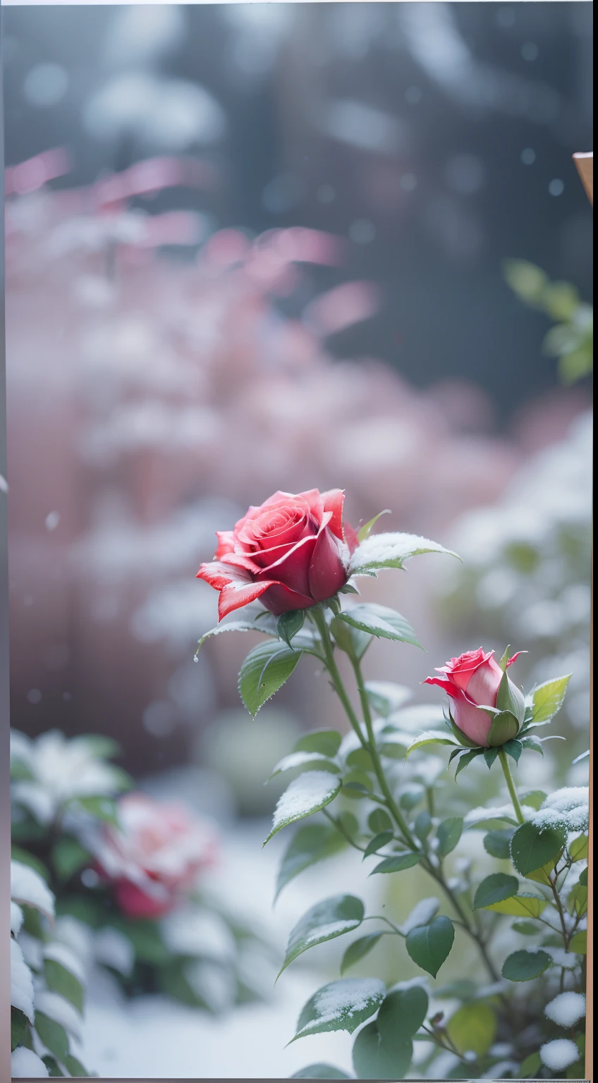 Red roses grow in the bushes, The leaves and petals were covered with dust and snowflakes,shot with a canon 35mm lens, photo of a rose, taken with a pentax k1000, Shot with Pentax 1000, Two 5mm ports, Photographed at Kodak Portera, rose twining, Red rose, 35mm shot
