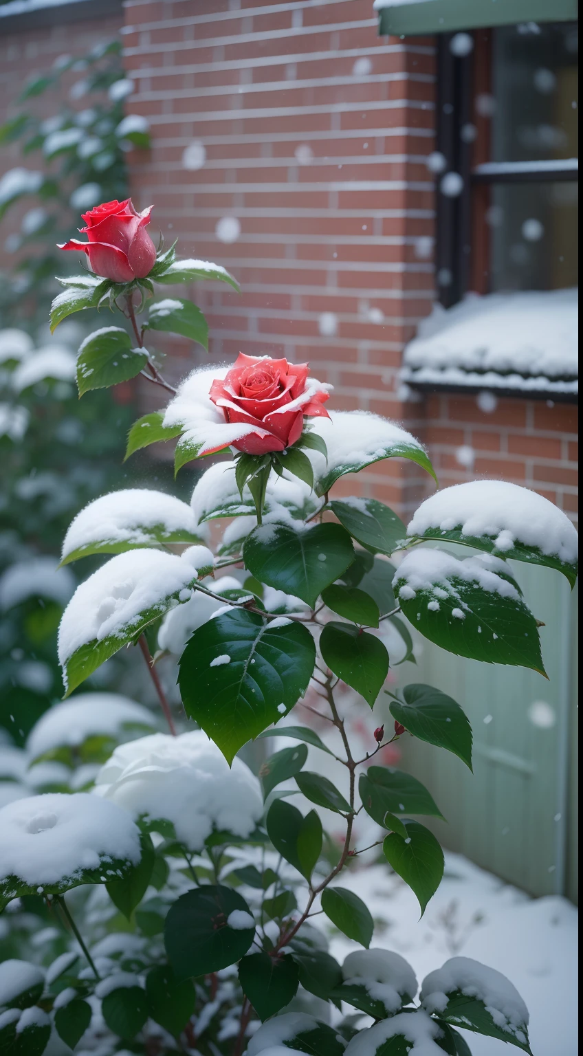 Red roses grow in the bushes, The leaves and petals were covered with dust and snowflakes,shot with a canon 35mm lens, photo of a rose, taken with a pentax k1000, Shot with Pentax 1000, Two 5mm ports, Photographed at Kodak Portera, rose twining, Red rose, 35mm shot