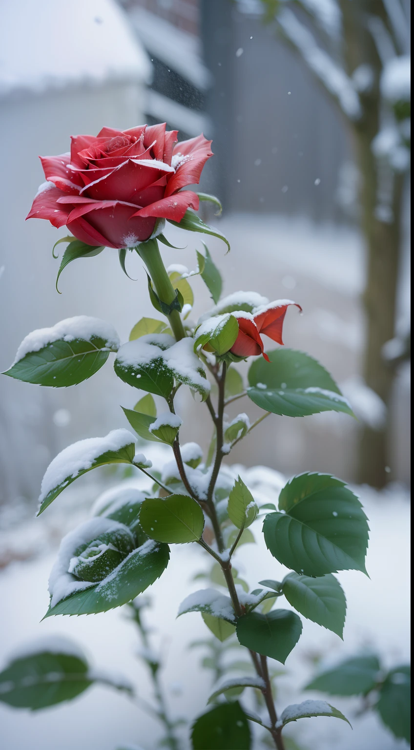 Red roses grow in the bushes, The leaves and petals were covered with dust and snowflakes,shot with a canon 35mm lens, photo of a rose, taken with a pentax k1000, Shot with Pentax 1000, Two 5mm ports, Photographed at Kodak Portera, rose twining, Red rose, 35mm shot