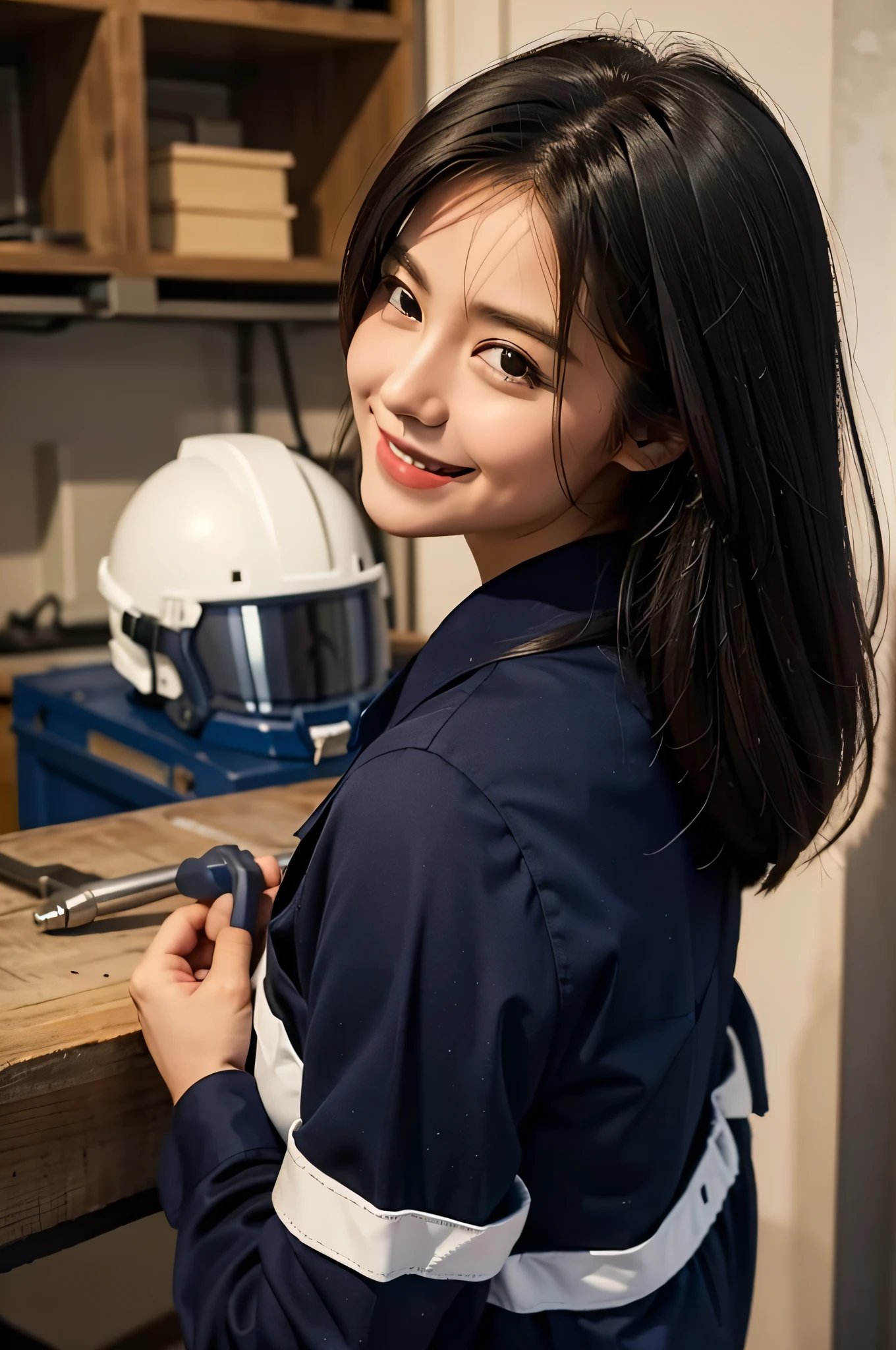 Beautiful girl in navy blue work clothes,having a tool, Industrial White Helmet,  Back shot, Smiling
