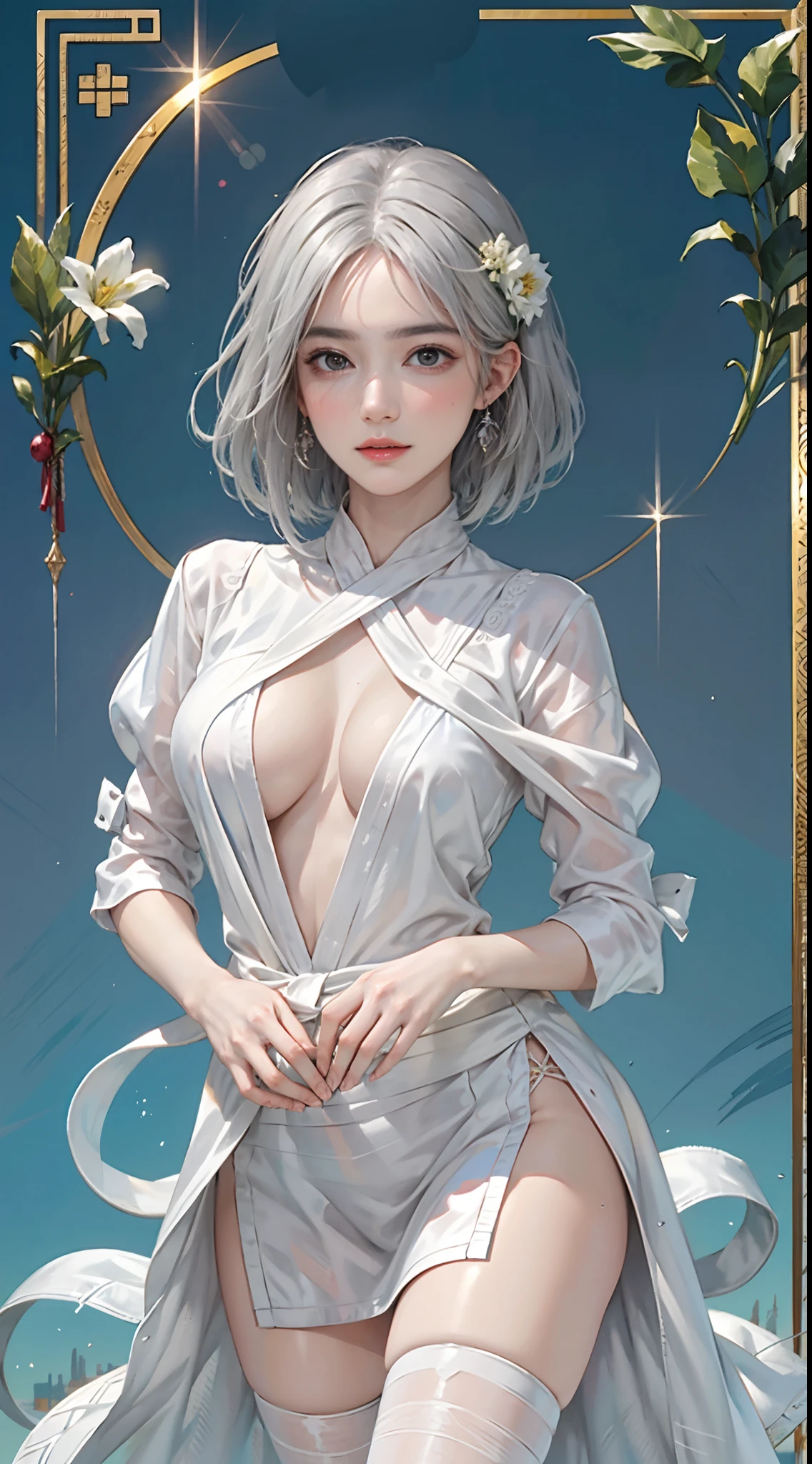 Official Art, Unity 8k Wallpapers, ultra-detailliert, Beautifully Aesthetic, Beautiful fece, ​masterpiece, top-quality, (Zentangle, a Mandala, Tangles, entanglement), (ecstasy of flower:1.2), dynamic ungle, cowboy  shot, Most Beautiful Form of Chaos, elegent, Brutalist design, vivd colour, romanticism, atmosphere, ((short-hair))