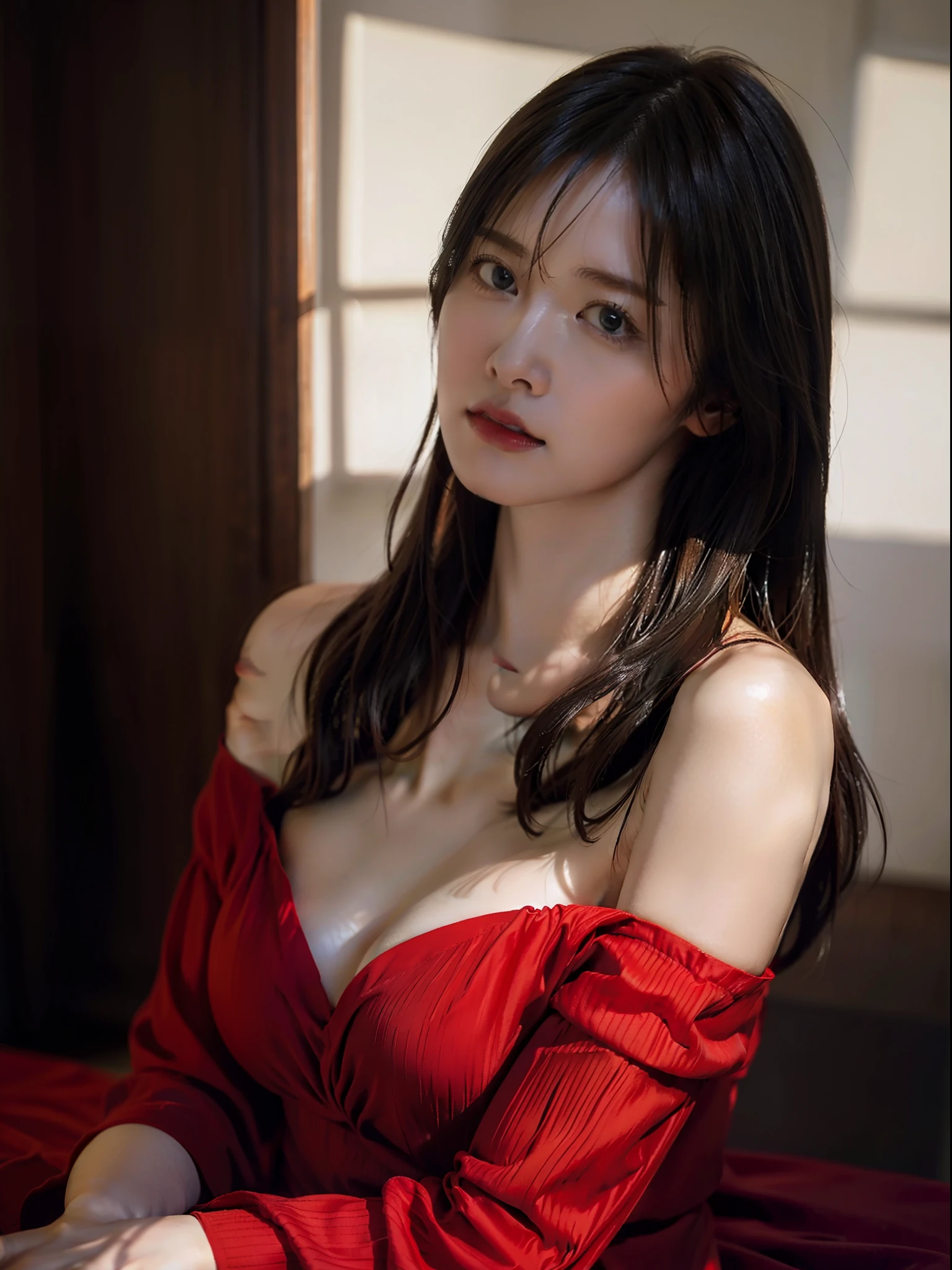 top-quality、​masterpiece、超A high resolution、(Photorealsitic:1.5)、Raw foto、large full breasts、Exposed cleavage、1girl in、Red off-shoulder、murky、deep-shadows、Unobtrusive、cold light、sexy appearance、length hair