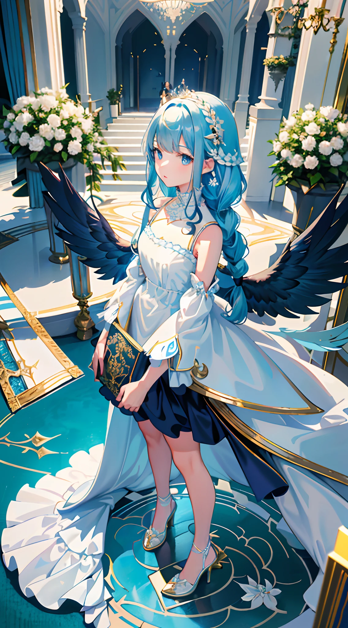 (looking-down),Dynamic Angle,ultra-detailliert, illustratio, gros-plan, Straight, One girl, (Fantasia:1.4), azure eyes,Very beautiful eyes,(Light blue hair:1.14),(Long hair,Braids,hair between eye,side locks), (+(White feathers:1.14)),(Chiffon dress,Blue floral pattern on uniform)(no sleeves),a choker,high-heels,Pink lips,(to stand), (classical Princess boudoir with dressing tableand french windowin a white ancient palaces),(white blossoms),(a dull blue world tree:1.14),Dreamy,(fluorescent),[Delicate fingers and hands:0.55],(Fine fingers),((Big Black Angel Wings)),((Holding a light blue book with both hands))