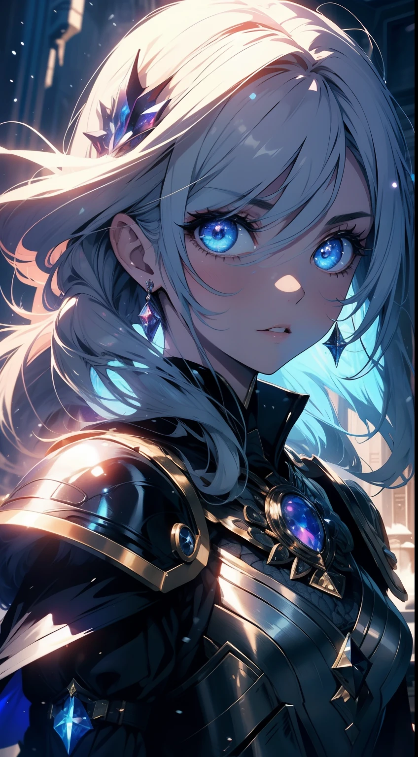 masterpiece, 1girl, armor, spell, mage, witch, scary, glow, particles, stunning, spectral, snow, gorgeous, perfect face, expressive eyes, cute,