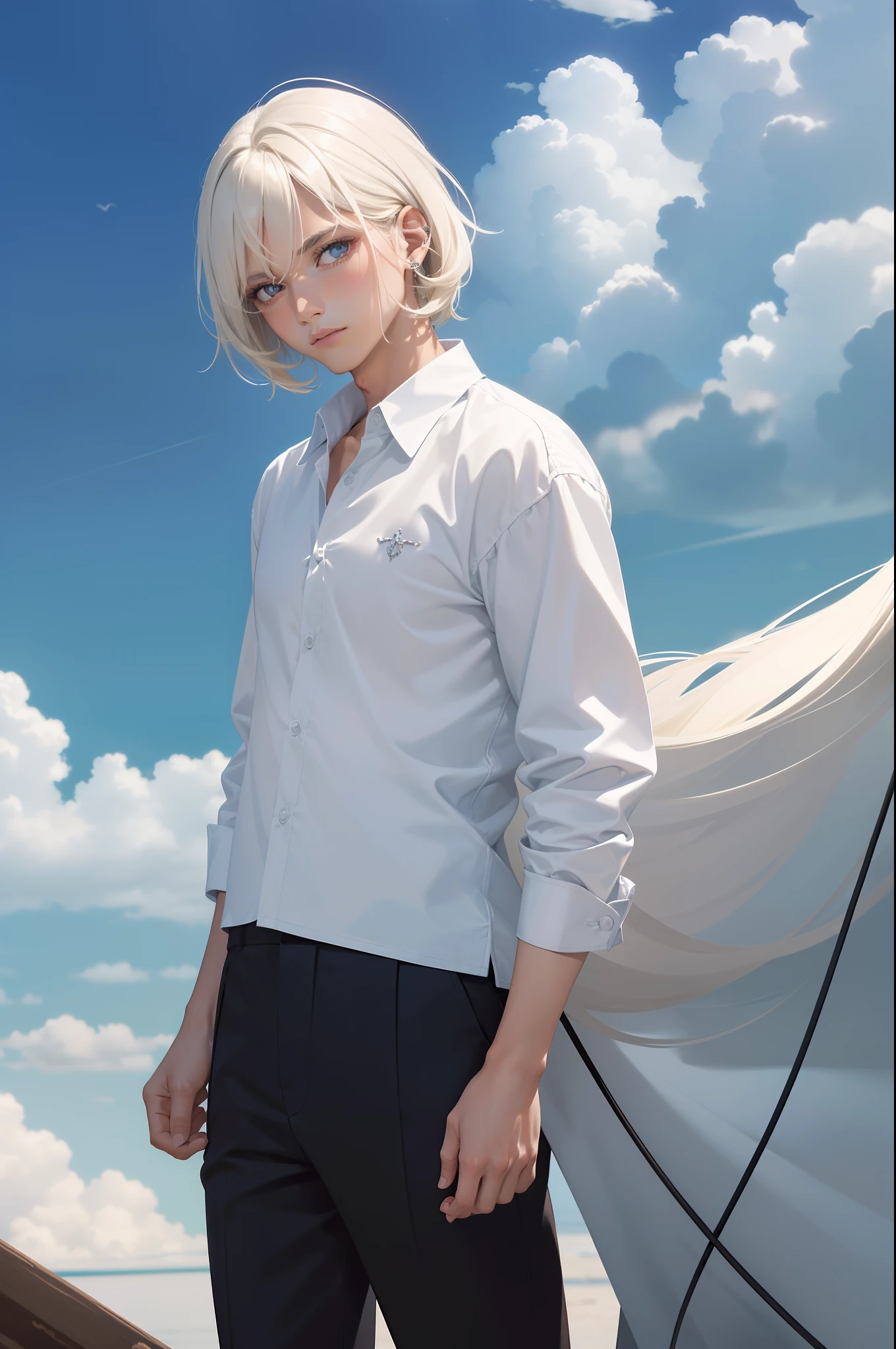 1((master part,melhor qualidade,extremely high quality,illustration,detalhes intrincados)),cabelos brancos, halo branco, halo estilo arquivo azul, Standing, camisa branca, long black pants,1boy