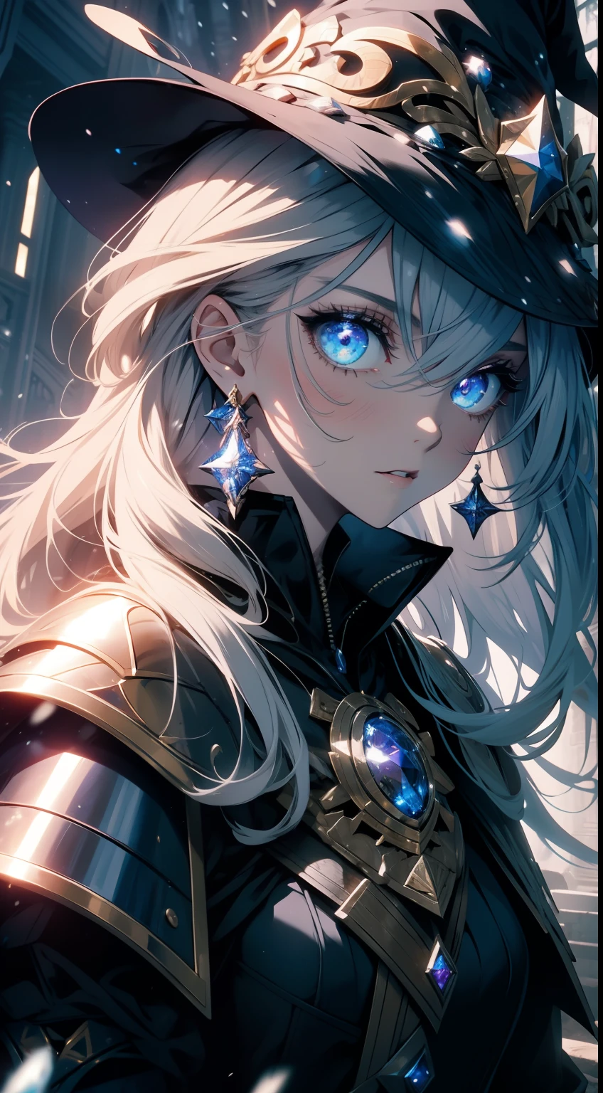 masterpiece, 1girl, armor, spell, mage, witch, scary, glow, particles, stunning, spectral, snow, gorgeous, perfect face, expressive eyes, cute,