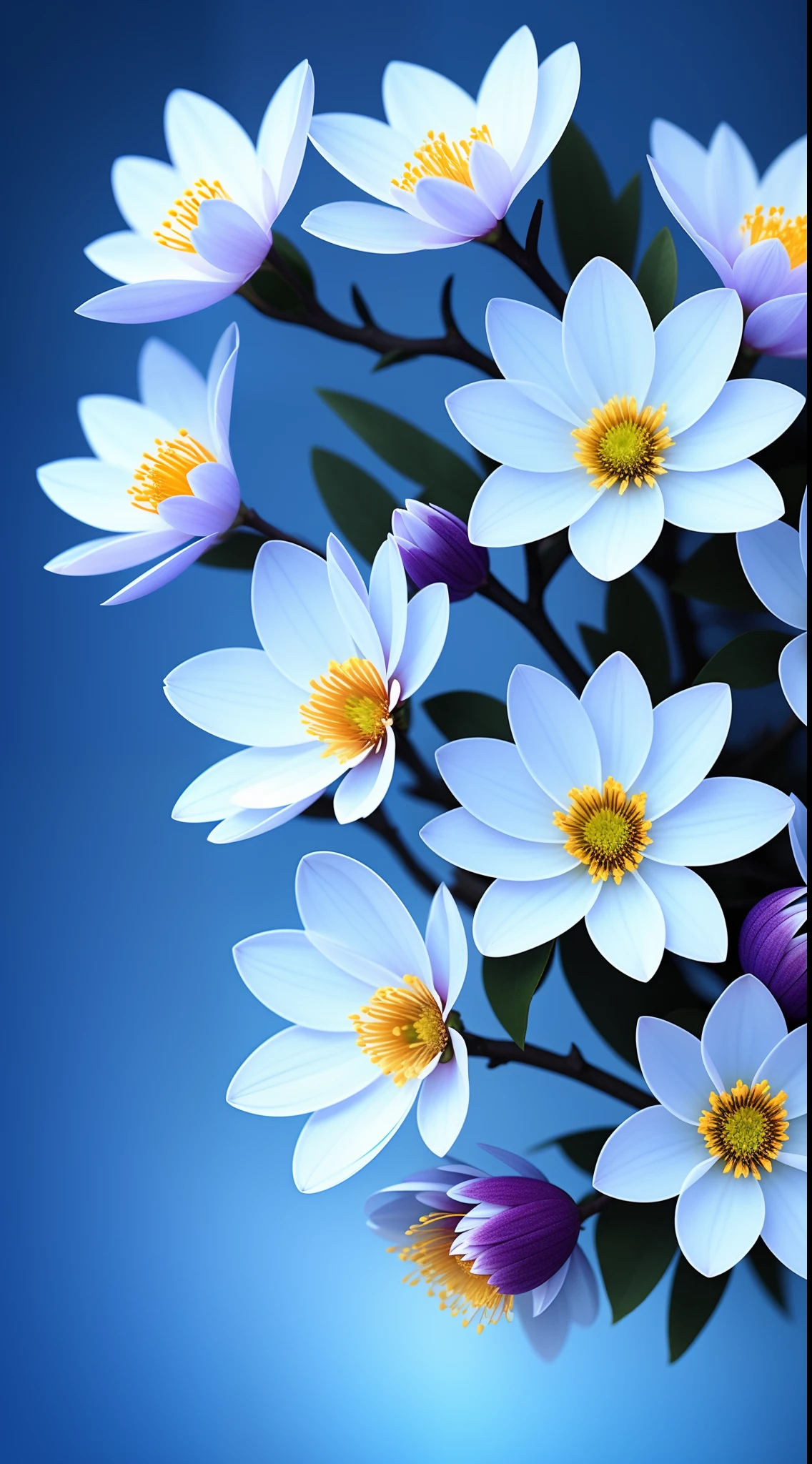 Close-up of a bouquet of flowers on a branch，paul barson，Light blue petals，blossoms，beautiful digital artworks，beautiful digital art，flowers and blossoms，surreal waiizi flowers，beautiful  flowers，flowers in full bloom，flowers with intricate detail，Incredibly beautiful，beautiful art，beautiful composition 3 - d 4 k，gorgeous digital art，SakuraNS