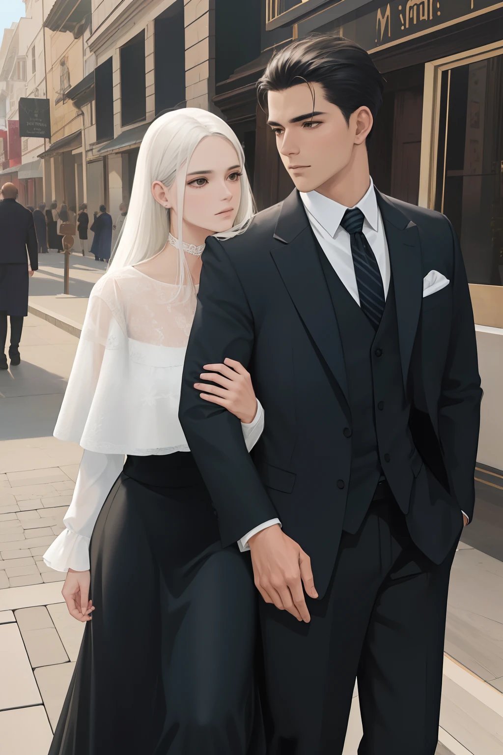 NSFW, obra-prima, melhor qualidade, ultra-detalhado, semi-realista, detailedfacialfeatures, casal, 1homem adulto, usando terno escuro, cabelos curtos aparados, cor negro, olhos escuros, manly, goodlooking,alto e forte,distinto senhor altivo,honrado,serious man e 1mulher adulta, usando vestido longo escuro, cabelos compridos , cor louro, olhos escuros,muito bonita,voluptuosa,distinta senhora altiva,honrada,Serious woman walking with her husband