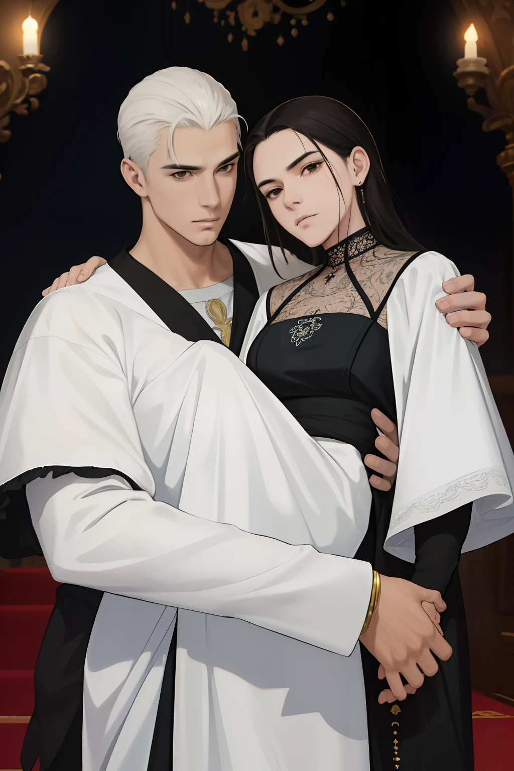 NSFW, obra-prima, melhor qualidade, ultra-detalhado, semi-realista, detailedfacialfeatures, casal, 1homem adulto, usando terno escuro, cabelos curtos aparados, cor negro, olhos escuros, manly, goodlooking,alto e forte,distinto senhor altivo,honrado,serious man e 1mulher adulta, usando vestido longo escuro, cabelos compridos , cor negros, olhos escuros,muito bonita,voluptuosa,distinta senhora altiva,honrada,Serious woman with her husband on a romantic outing