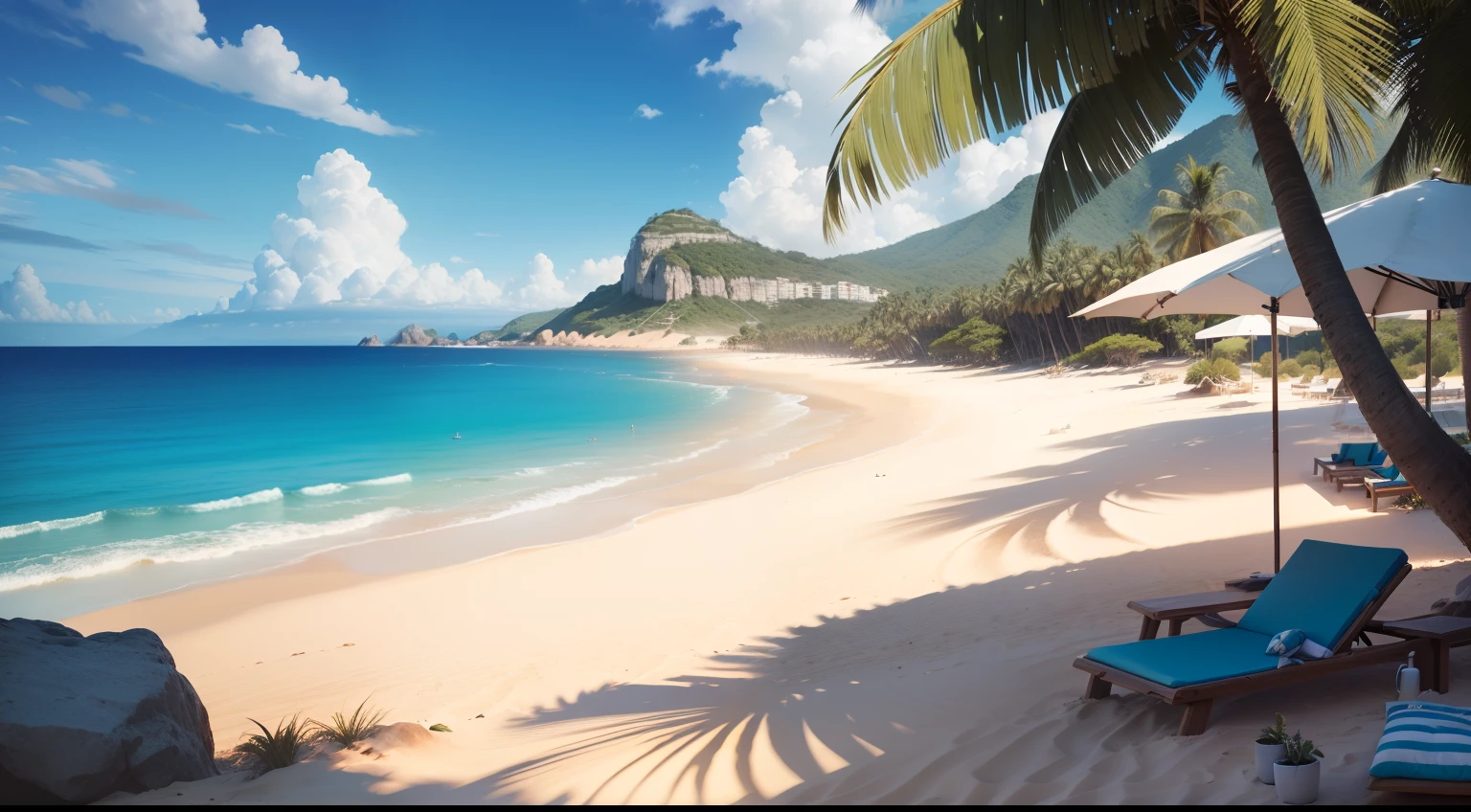 (Obra de arte, ultra realismo, melhor qualidade, 8k, FULL HD, GREAT DETAILS) Paradisiacal beach with crystal blue sea, coqueiros, mesas de bar e pessoas sentadas na areia da praia (Ultra realistic water, Mar ultra realista, Realistic setting, coqueiros realistas) Dia ensolarado, blue skies, sol realista (HDR, Uplighting, foco nítido, Realistic coloring, sombras)