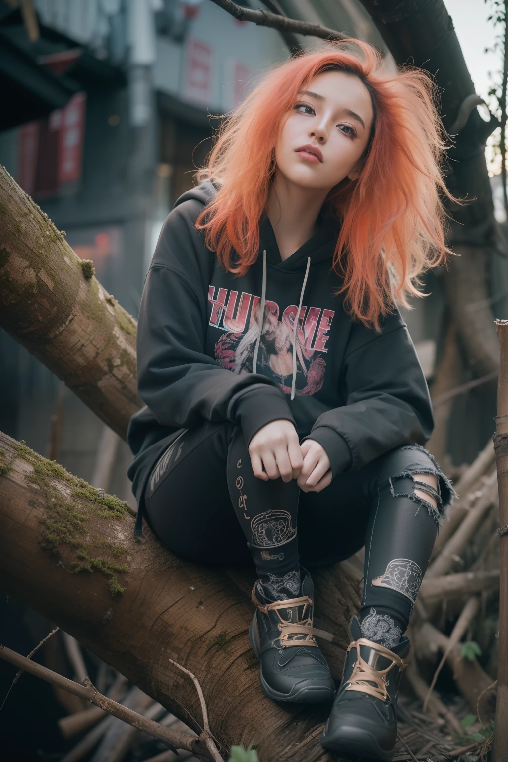 high fashion photography photo masterpiece of a Teenage girl, Thin and fragile with long, lean limbs, Crop top, Flared pants, Hoodie, intricately decorated with color splahes, Curly hair, Hot pink hair, Sitting on a tree branch, legs dangling, and smiling softly, upper body, (against intricately detailed ruined streets [gothic : sci-fi city] , meteor shower, black smoke from fires, thunderclouds)+, ([golden hour])+, reflections of fires, dramatic expressive background, gloomy horrible crushing atmosphere, Light bulb, 45-degree angle, Lomochrome color film, in style of Hans Bellmer, 3DMM 99post96apocalyptic44 11paint65splash99