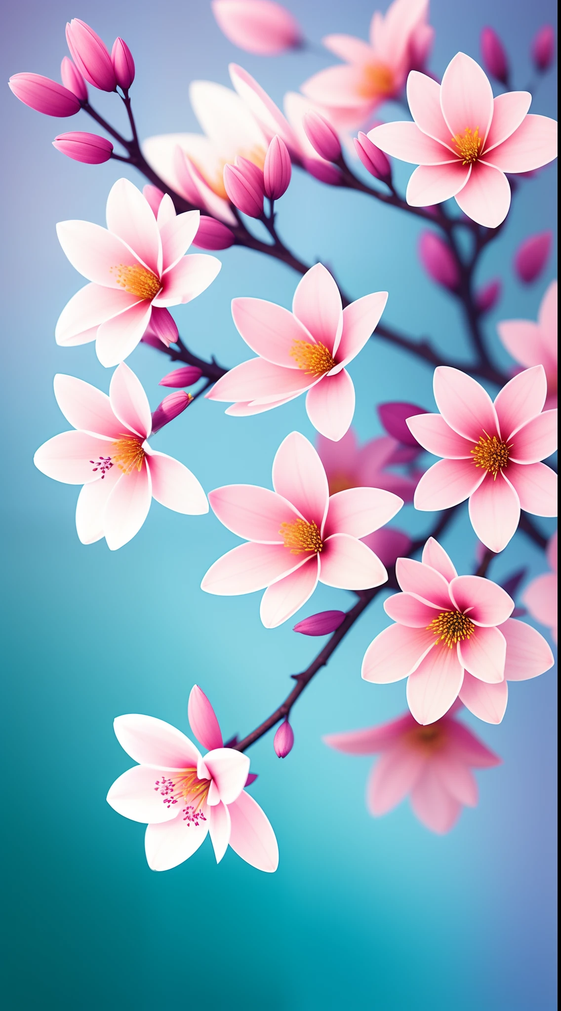 Close-up of a bouquet of flowers on a branch,paul barson,Simple background in warm colors,Light blue petals,blossoms,beautiful digital artworks,beautiful digital art,flowers and blossoms,surreal waiizi flowers,beautiful flowers,flowers in full bloom,flowers with intricate detail,Incredibly beautiful,beautiful art,beautiful composition 3 - d 4 k,gorgeous digital art,SakuraNS