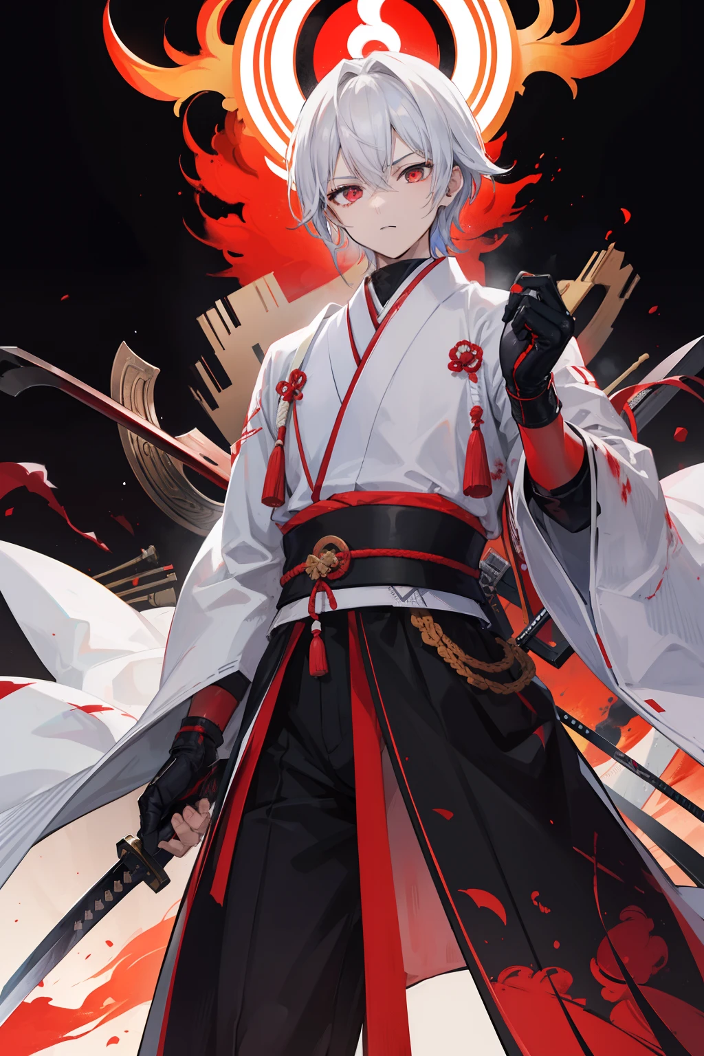 2boys,cabelos preto e longos,Red-eyed age man,Stand on an empty street at night,extreme hight detail,White jacket,Black Hakama,Aoba Ori,Holding a huge blood-colored weapon in one hand,A Japanese style,Intimidating,Engulfed in flames、Sword,wall-paper,CG compositing,Japan best swordsman、action