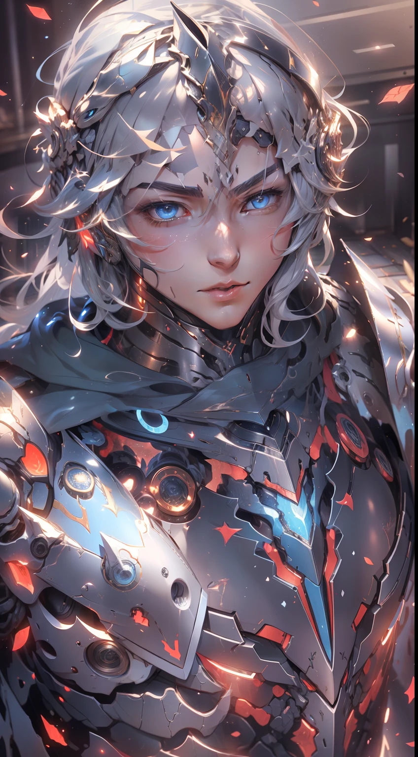 Man age 20, Zodiac Knight armor style, gray gray hair, blue eyes, human-shaped head, human body, golden armor color, a luminous blue orb in the middle of the armor, delicate and detailed art, 8k image quality, apocalyptic background , realistic art,