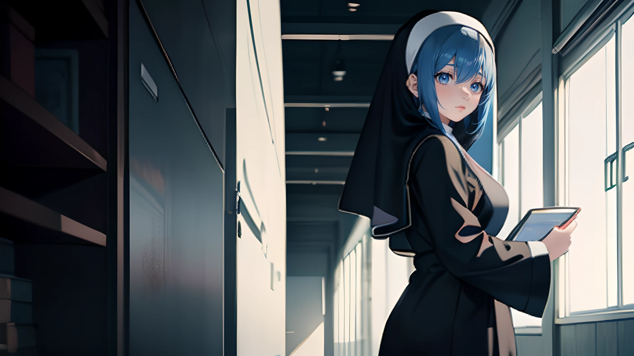 anime girl with blue hair and a black and white nun outfit, an anime drawing by Shitao, pixiv, serial art, anime style 4 k, 4 k manga wallpaper, anime art wallpaper 8 k, 4k anime wallpaper, anime art wallpaper 4k, anime art wallpaper 4 k, anime wallpaper 4 k, anime wallpaper 4k, scene girl helping children