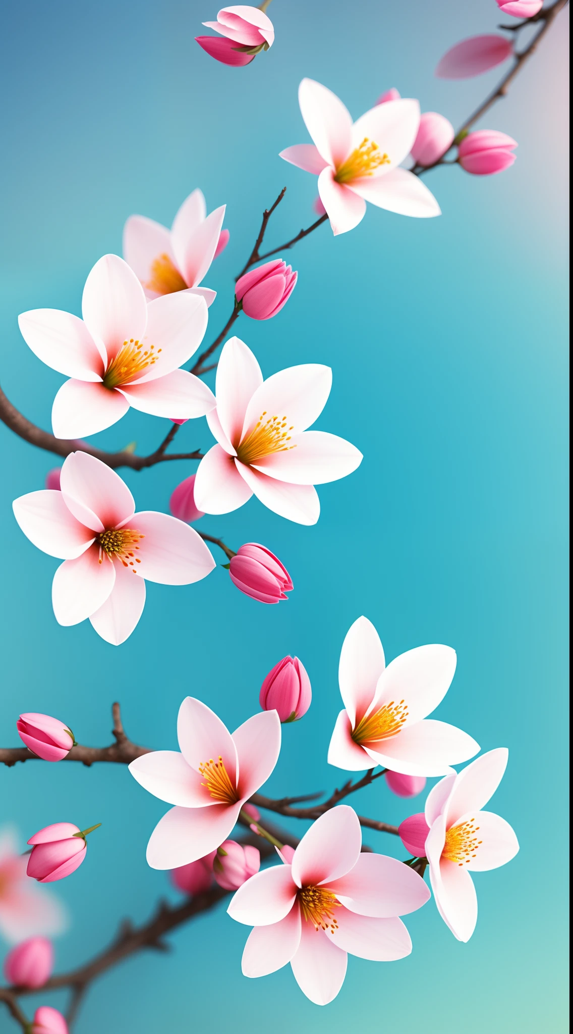 Close-up of a bouquet of flowers on a branch，paul barson，Simple background in warm colors，Light blue petals，blossoms，beautiful digital artworks，beautiful digital art，flowers and blossoms，surreal waiizi flowers，beautiful  flowers，flowers in full bloom，flowers with intricate detail，Incredibly beautiful，beautiful art，beautiful composition 3 - d 4 k，gorgeous digital art，SakuraNS