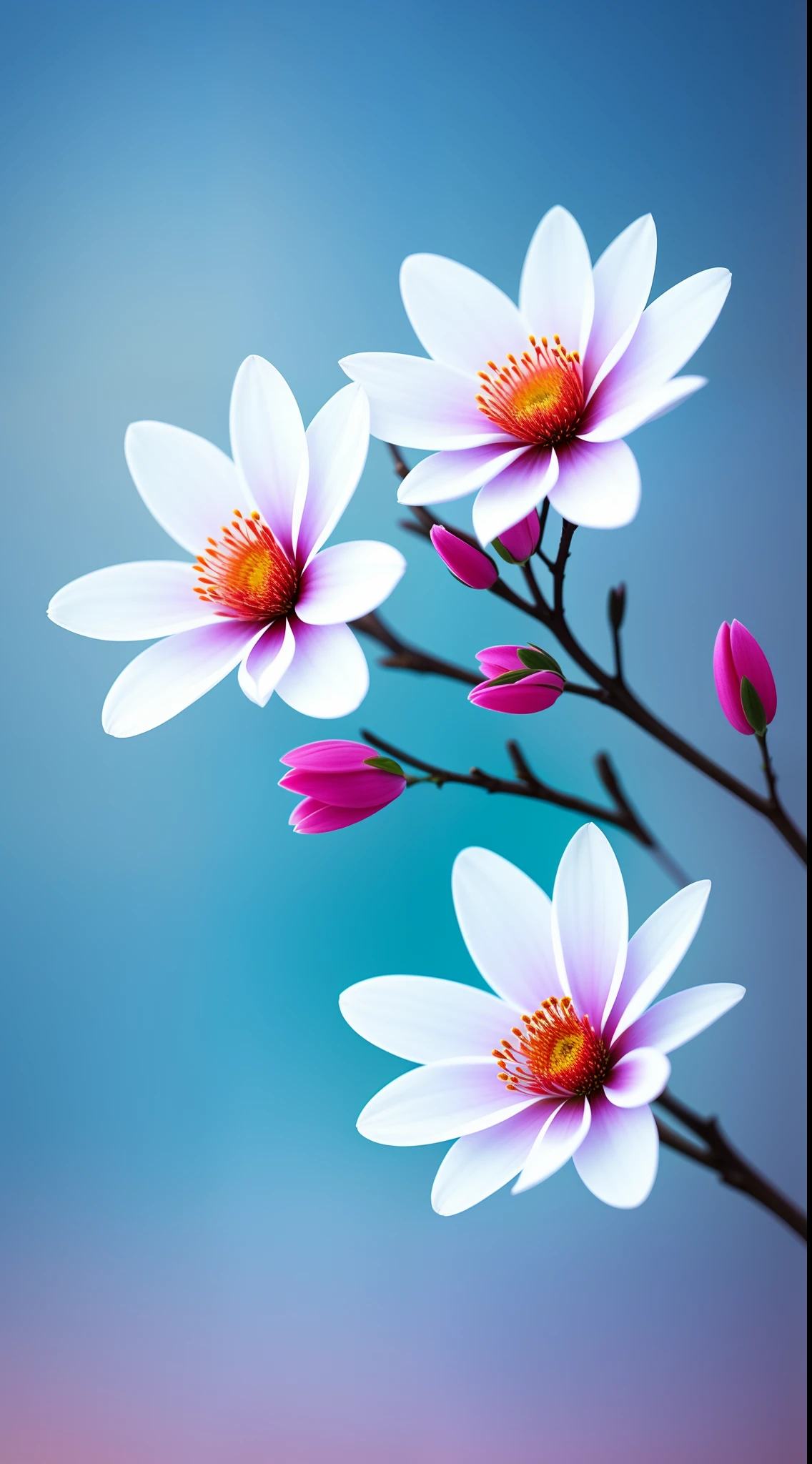 Close-up of a bouquet of flowers on a branch，paul barson，Simple background in warm colors，Light blue petals，blossoms，beautiful digital artworks，beautiful digital art，flowers and blossoms，surreal waiizi flowers，beautiful  flowers，flowers in full bloom，flowers with intricate detail，Incredibly beautiful，beautiful art，beautiful composition 3 - d 4 k，gorgeous digital art，SakuraNS