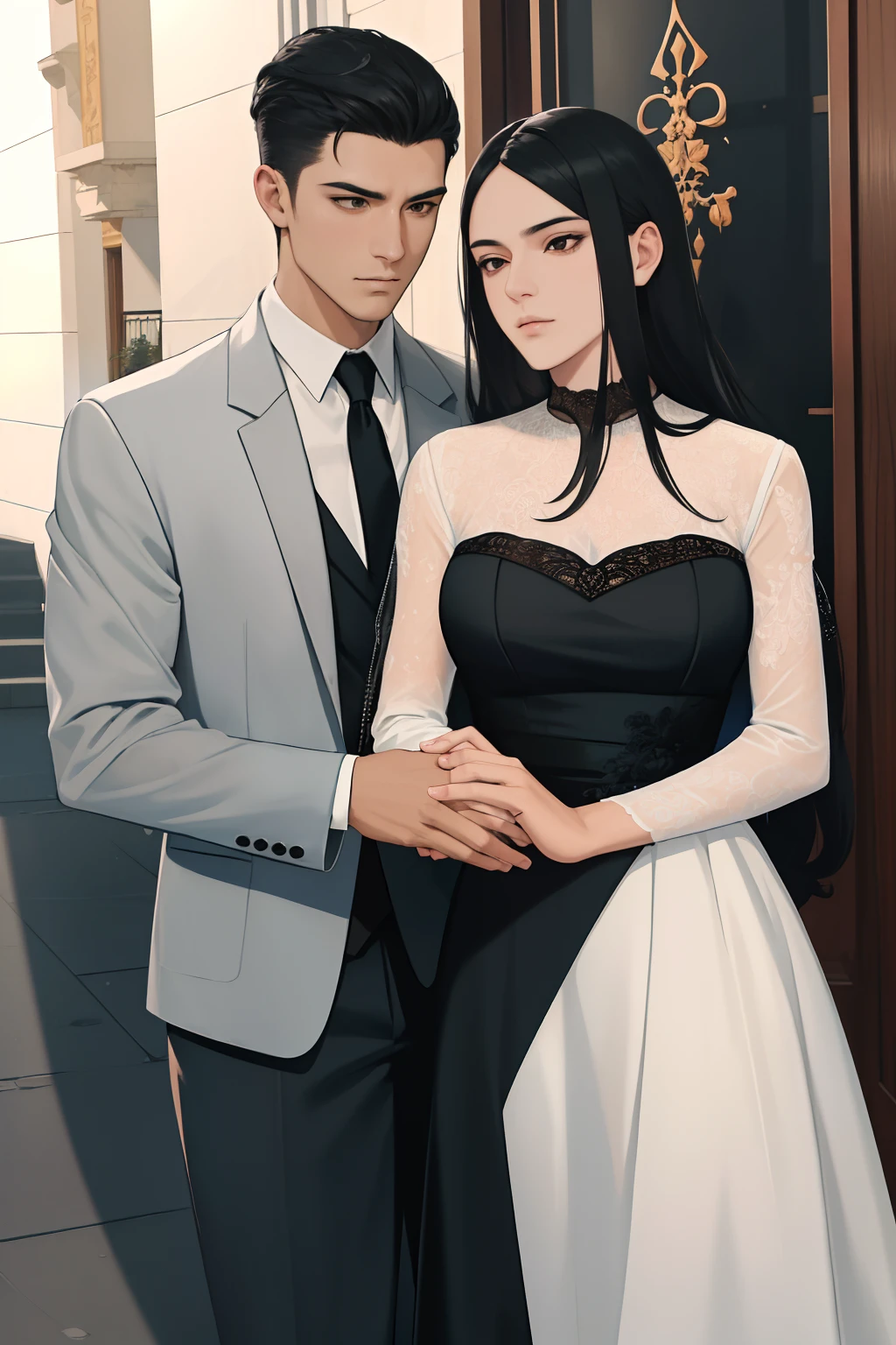 NSFW, obra-prima, melhor qualidade, ultra-detalhado, semi-realista, detailedfacialfeatures, casal, 1homem adulto, usando terno escuro, cabelos curtos aparados, cor negro, olhos escuros, manly, goodlooking,alto e forte,distinto senhor altivo,honrado,serious man e 1mulher adulta, usando vestido longo escuro, cabelos compridos , cor negros, olhos escuros,muito bonita,voluptuosa,distinta senhora altiva,honrada,Serious woman with her husband on a romantic outing