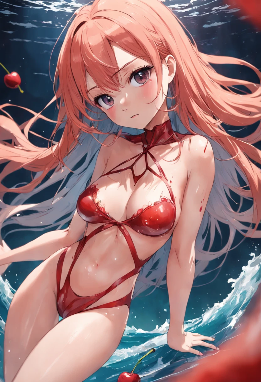 Woman,Reveal a huge cherry on the chest,Two pieces of flesh are exposed on the chest,ragged attire,Fluid flows from the underneath,Next to it is on the sea,Transparent erotic tulle pajamas