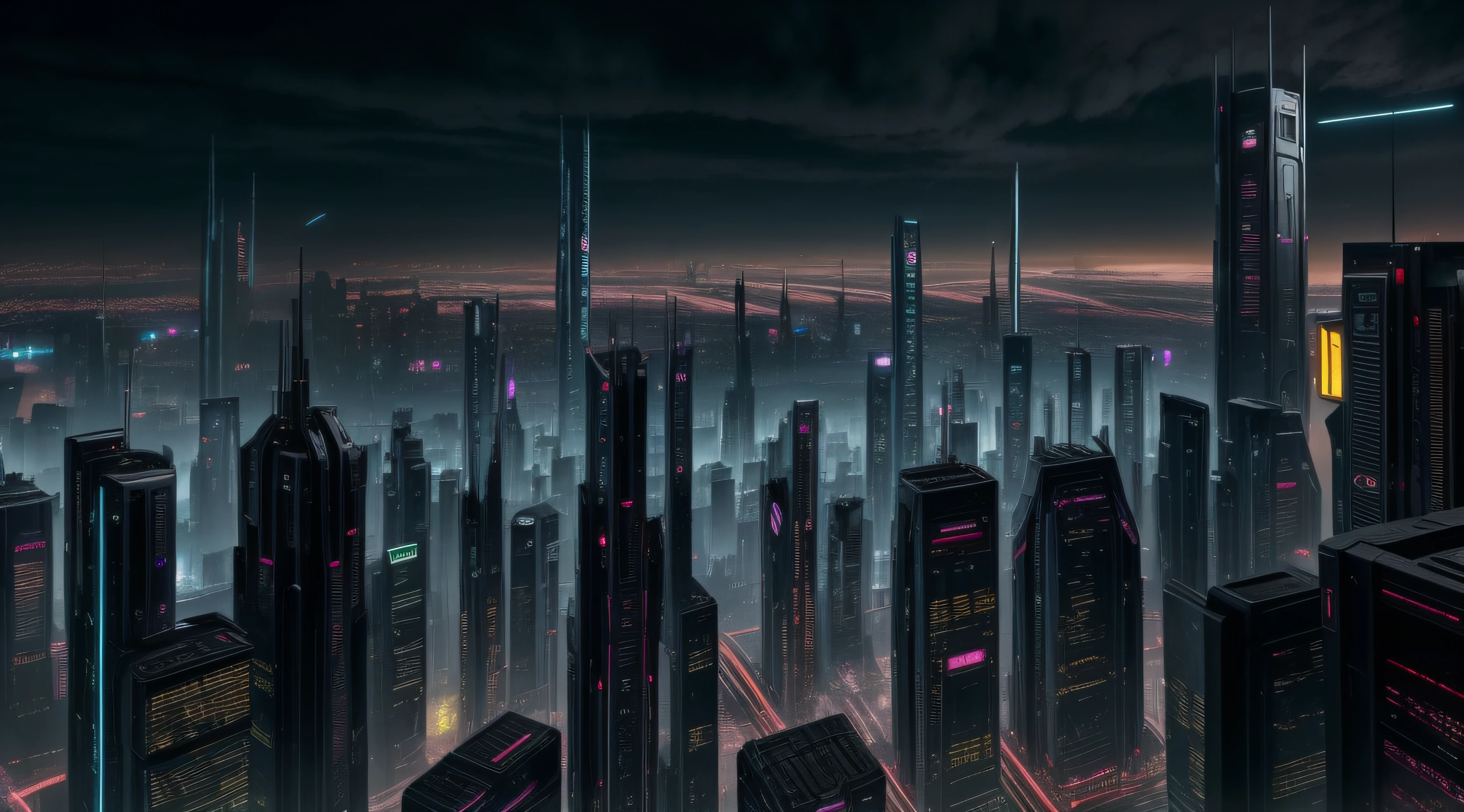 A city with many tall buildings and trains on tracks, dark futuristic city, in fantasy sci - fi city, Futuristic city landscape, cyberpunk cathedral, dark cyberpunk metropolis, in a futuristic cyberpunk city, sci fi city, Cyberpunk metropolis, cyberpunk city landscape, futuristic metropolis, cyberpunk city landscape, sci fi city, Cyberpunk city, Futuristic city landscape, futuristic dystopian city