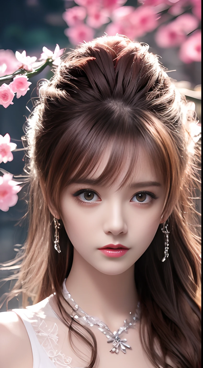 8k ultra hd, mastermiece, a girl, good face, detailed, eyes, beautiful lips, very hong hair, spreading hair, medium breasts, wedding dress, pink dress, in the park, flying birds, glowing, clear weather, whole body capture,